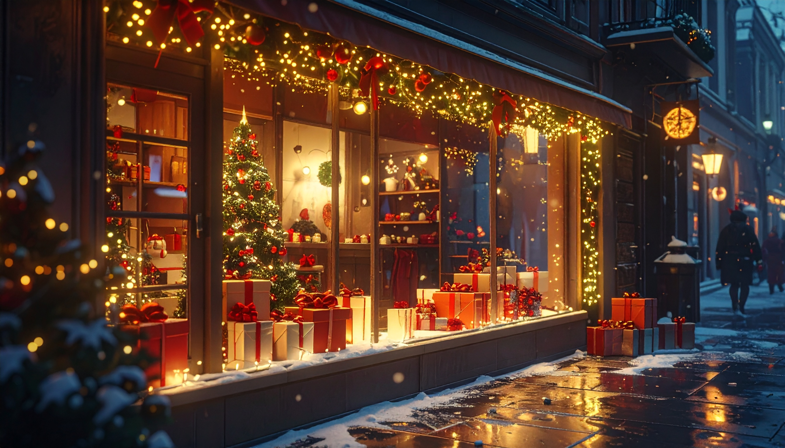 Vitrine de loja festivamente decorada para o Natal, com árvores iluminadas, presentes embrulhados e neve suave cobrindo a calçada. As luzes douradas criam uma atmosfera calorosa e acolhedora, refletindo no vidro e no piso molhado, enquanto a cena urbana ao fundo sugere uma noite de inverno tranquila.
