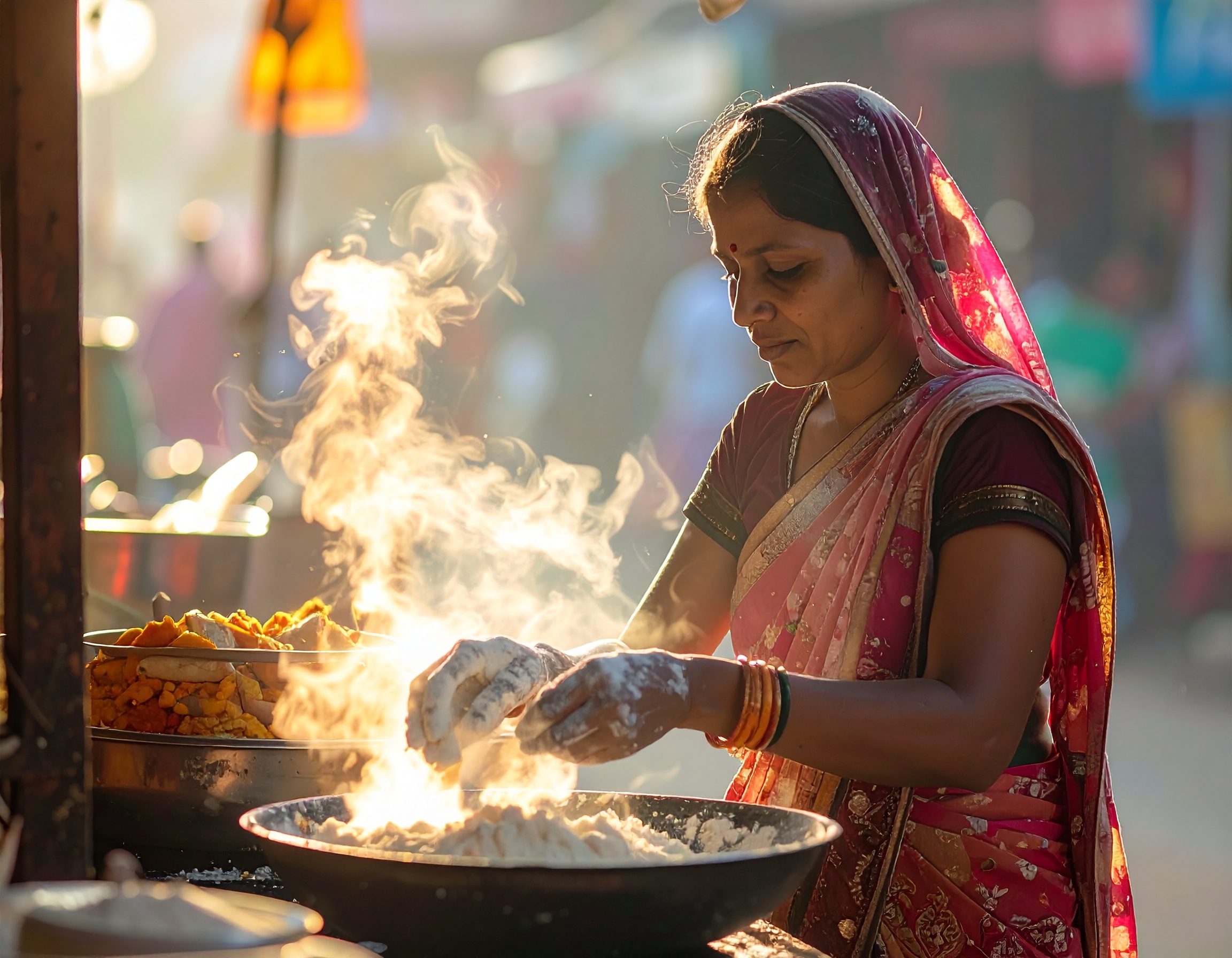 A woman prepares traditional street food in a bustling market setting
