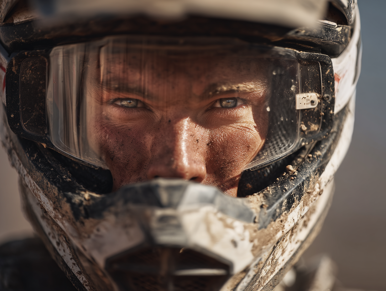A imagem apresenta um close-up de um rosto de um motociclista, onde os olhos claros se destacam. O rosto está coberto de sujeira, evidenciando a atividade ao ar livre. O capacete possui várias camadas de sujeira e arranhões, sugerindo uso intenso. A luz natural acentua as texturas da pele e do capacete.