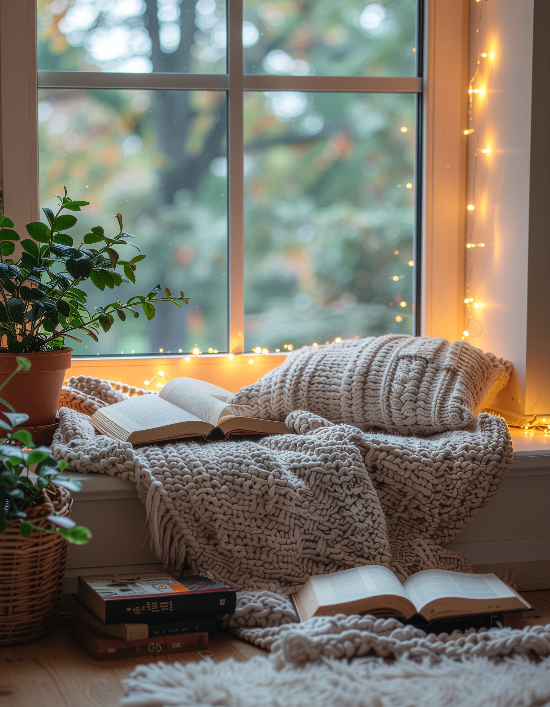 Canto acolhedor junto à janela com almofadas e mantas de tricô, iluminado por luzes suaves. Livros abertos sugerem atmosfera de relaxamento e leitura, enquanto o exterior desfocado indica um ambiente natural e tranquilo. Composição harmoniosa com foco suave e iluminação quente, criando sensação de conforto e serenidade.