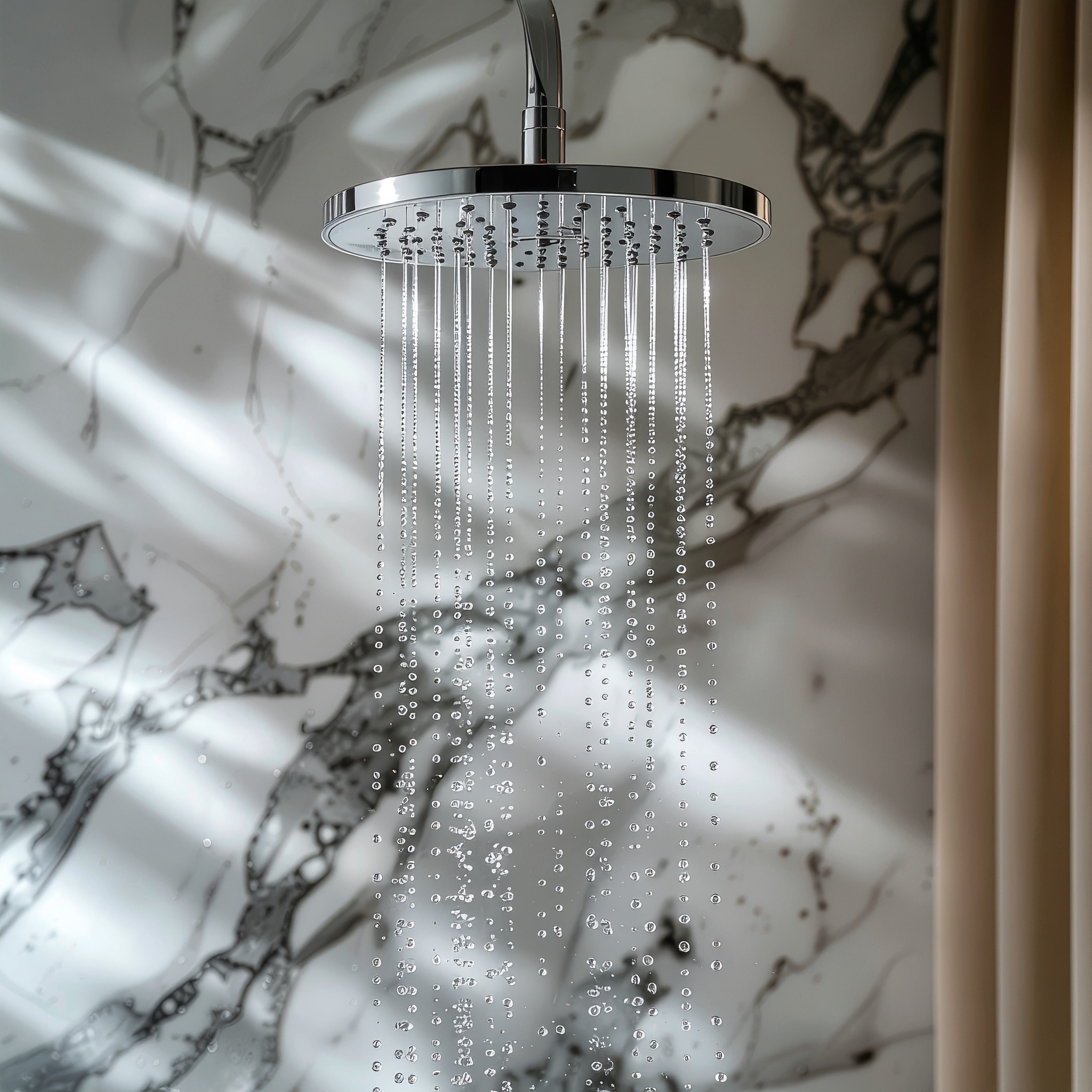 Chuveiro moderno cromado em funcionamento, com gotas de água caindo suavemente contra parede de mármore branco com veios pretos. Iluminação suave cria sombras delicadas, trazendo elegância e sofisticação ao ambiente. Ângulo em close destaca detalhes do design, com foco nas gotas e reflexos.