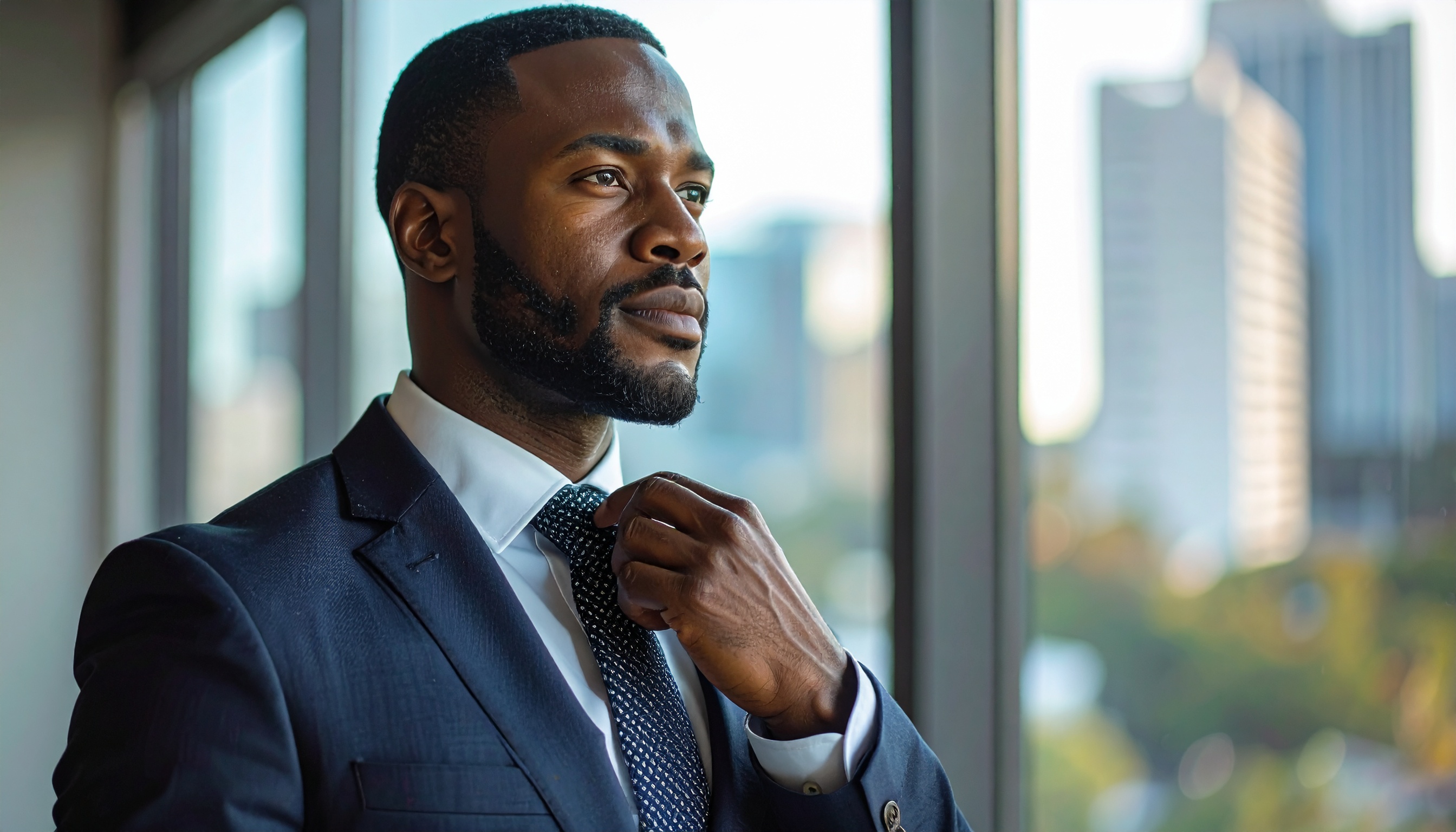 Homem em terno azul escuro ajustando a gravata, com expressão confiante, posicionado próximo a uma janela com vista para prédios desfocados ao fundo, iluminação suave e natural destacando detalhes faciais, composição equilibrada e foco nítido.