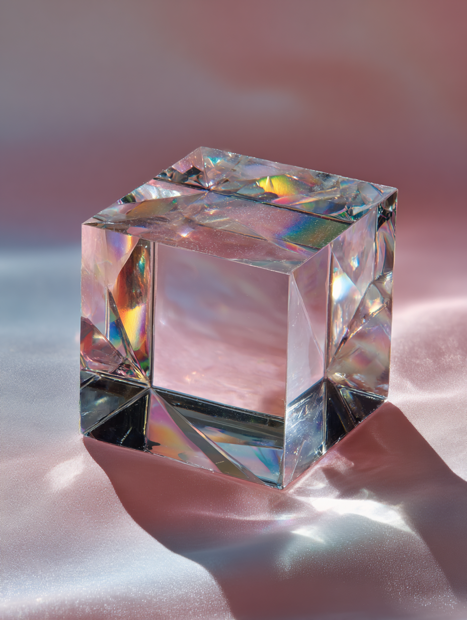 Cubo de cristal transparente com reflexos iridescentes posicionado sobre um fundo em tons de rosa e azul suave. A iluminação realça as bordas e cria um jogo de luz e sombra, destacando os detalhes facetados do cubo. A composição minimalista e elegante enfatiza a clareza e a pureza do material, enquanto o foco nítido captura a textura lisa e os prismas coloridos gerados pela refração da luz.