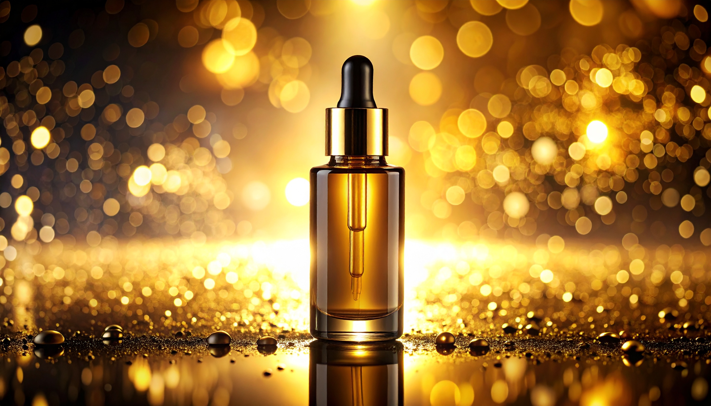 This image showcases a luxurious glass bottle with a dropper, elegantly highlighted against a backdr