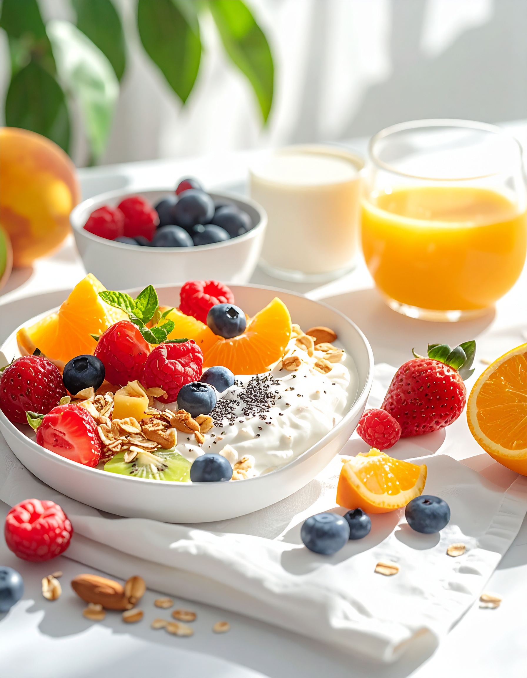 Uma tigela de iogurte com frutas frescas, incluindo morangos, framboesas, mirtilos, fatias de laranja e kiwi, decorada com granola e sementes de chia. Ao fundo, copo de suco de laranja e leite, com iluminação natural destacando as cores vibrantes das frutas, criando uma atmosfera refrescante e saudável. A composição é organizada sobre uma mesa branca, com foco nítido nos alimentos e leve desfoque ao fundo.