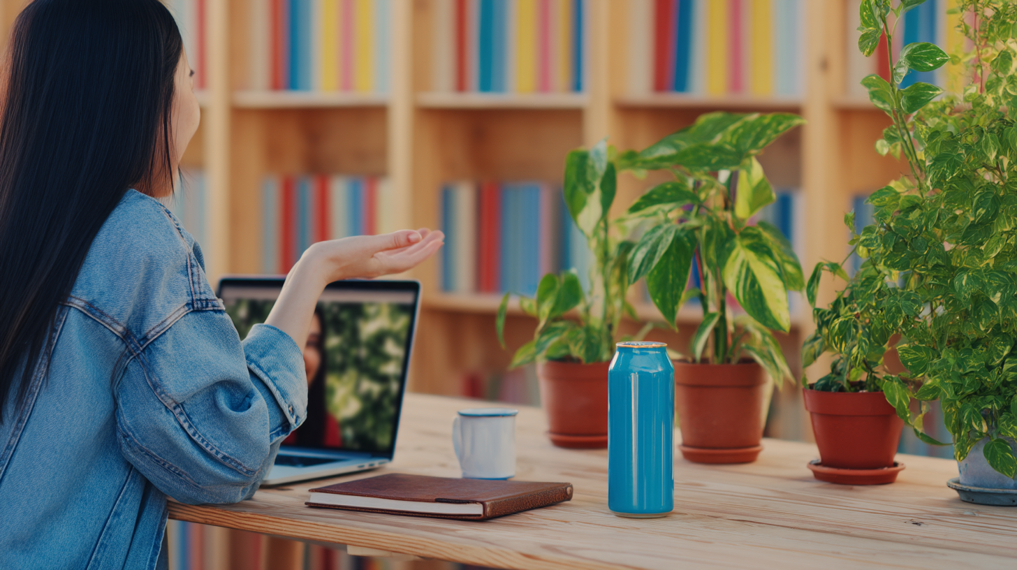 Jovem mulher com cabelo longo vestindo jaqueta jeans em ambiente interno, sentada à mesa de madeira com laptop aberto, interagindo por videochamada. Plantas em vasos e latas coloridas decoram o espaço, enquanto uma estante de madeira ao fundo exibe livros coloridos. Iluminação natural suave cria atmosfera acolhedora e relaxante.
