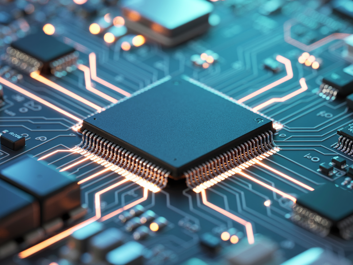 Close-up de uma placa de circuito impresso com um microchip central, destacando trilhas luminosas em tons azulados. A iluminação suave realça os detalhes metálicos, criando um contraste moderno e tecnológico. A composição é precisa, com foco nítido nos componentes eletrônicos, transmitindo uma sensação de inovação e precisão técnica.