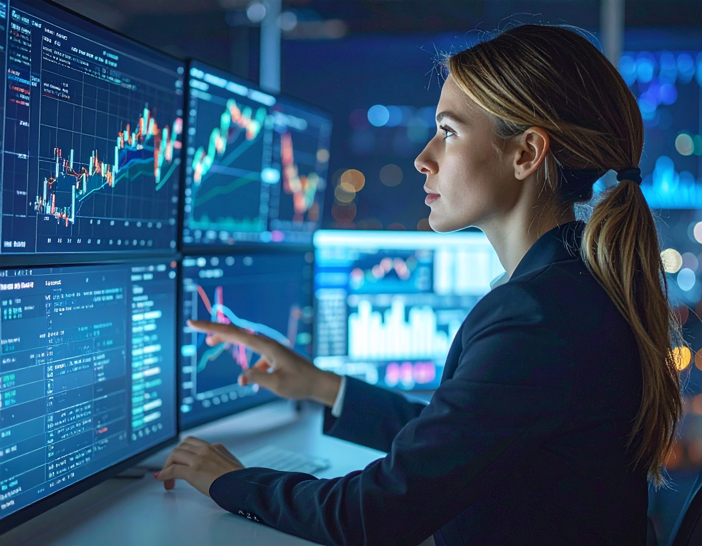 Woman Analyzing Financial Data on Multiple Monitors