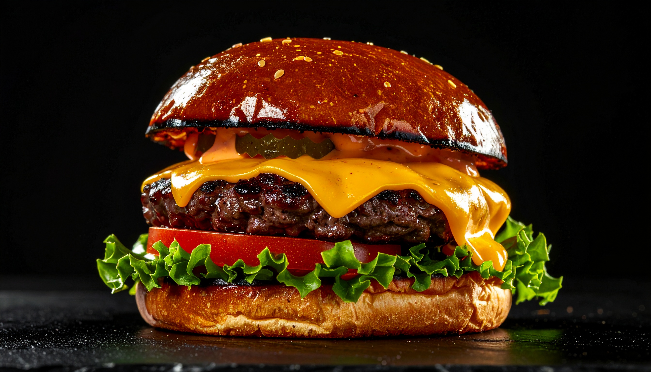 Hambúrguer suculento com queijo derretido, alface fresca, fatias de tomate e picles em pão brioche brilhante, fotografado em close-up contra fundo preto, destacando textura e cores vibrantes do lanche.