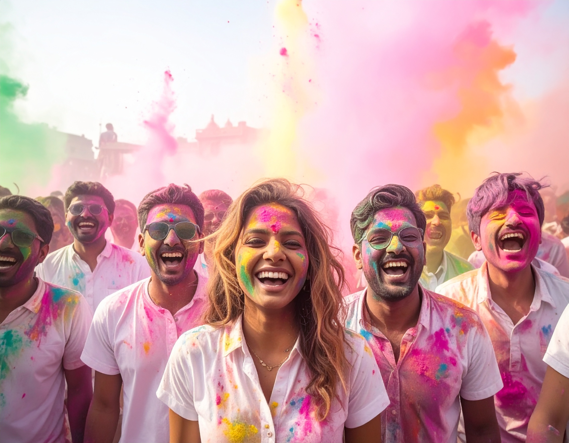 A lively group enjoys the festival of Holi, covered in vibrant powders