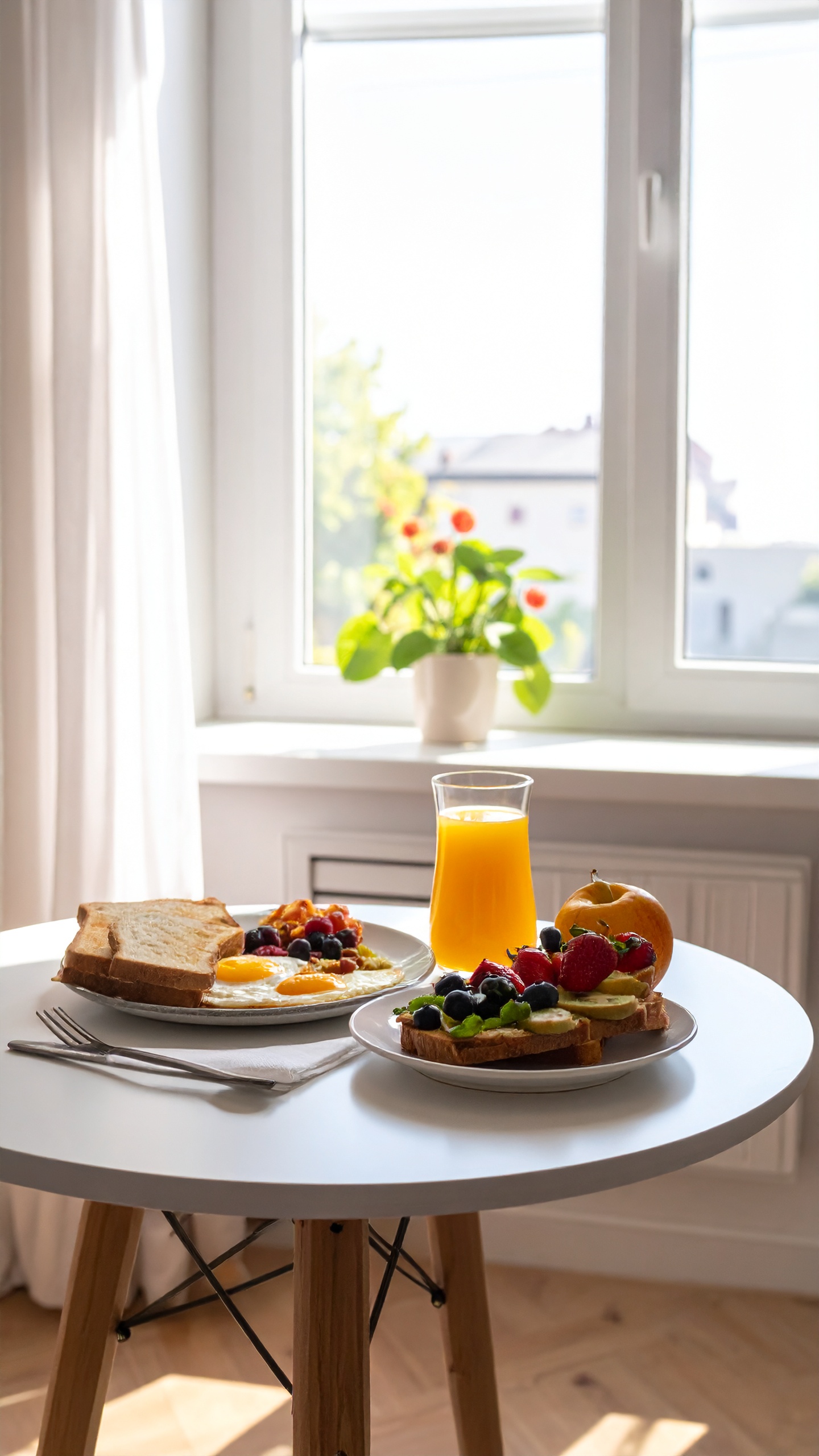 A bright breakfast table features fresh juice, toast, and fruit