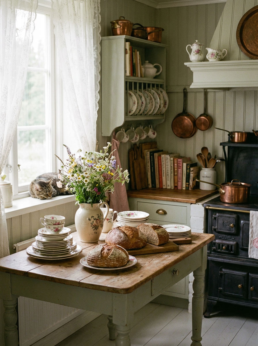 A cozy rustic kitchen features a wooden table adorned with fresh bread and floral china