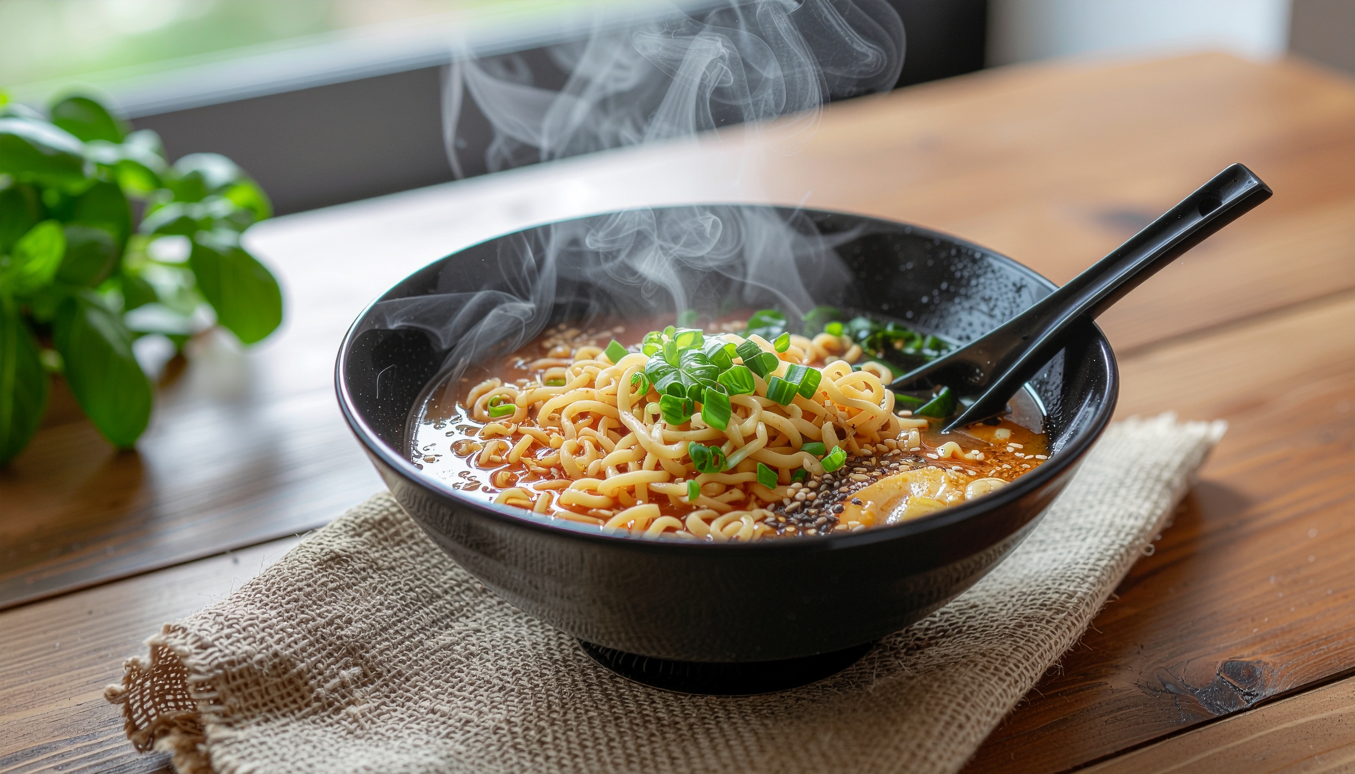 Steaming Black Ramen Bowl on Wooden Table