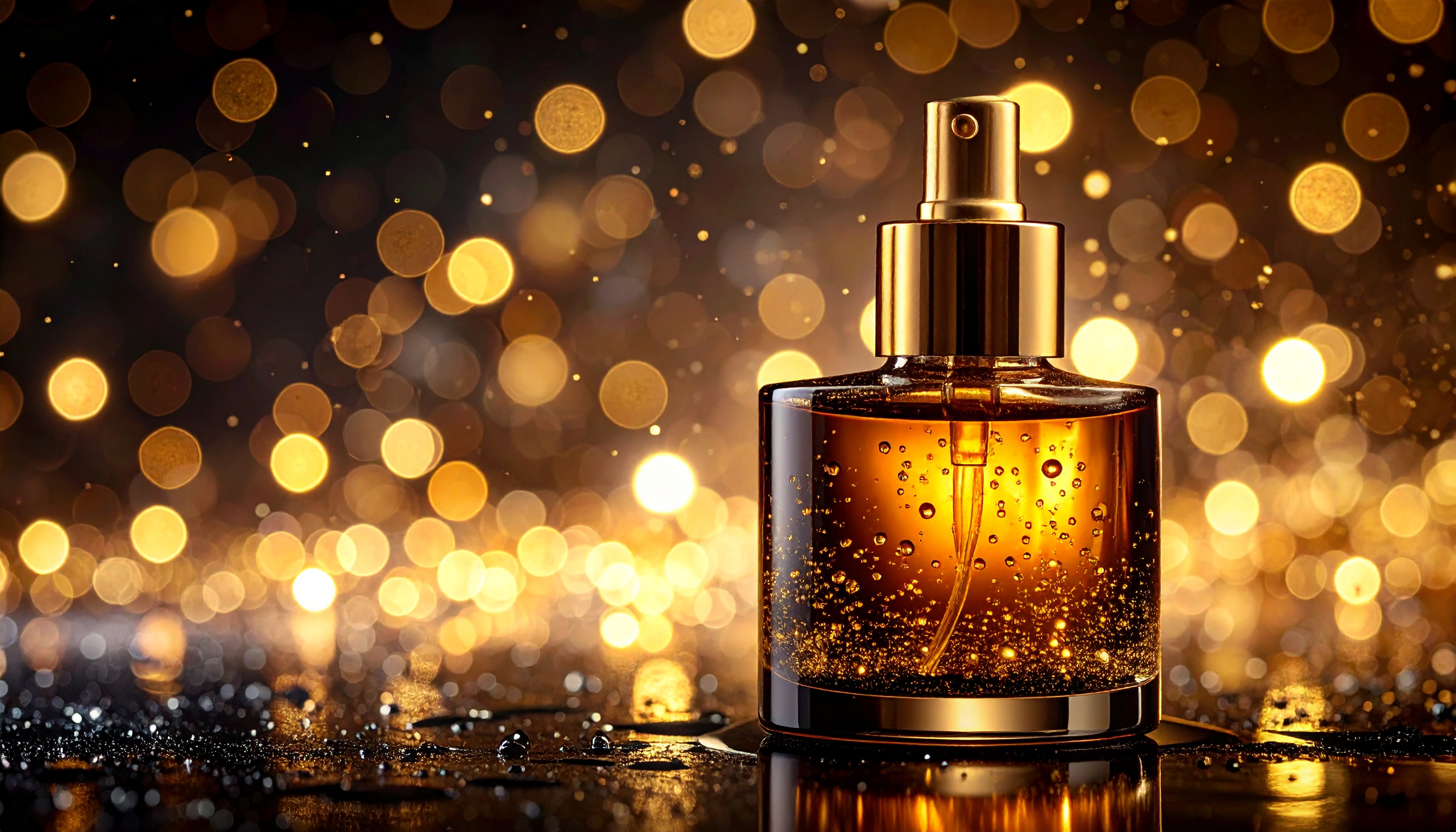 This image features an elegant perfume bottle set against a backdrop of sparkling bokeh lights