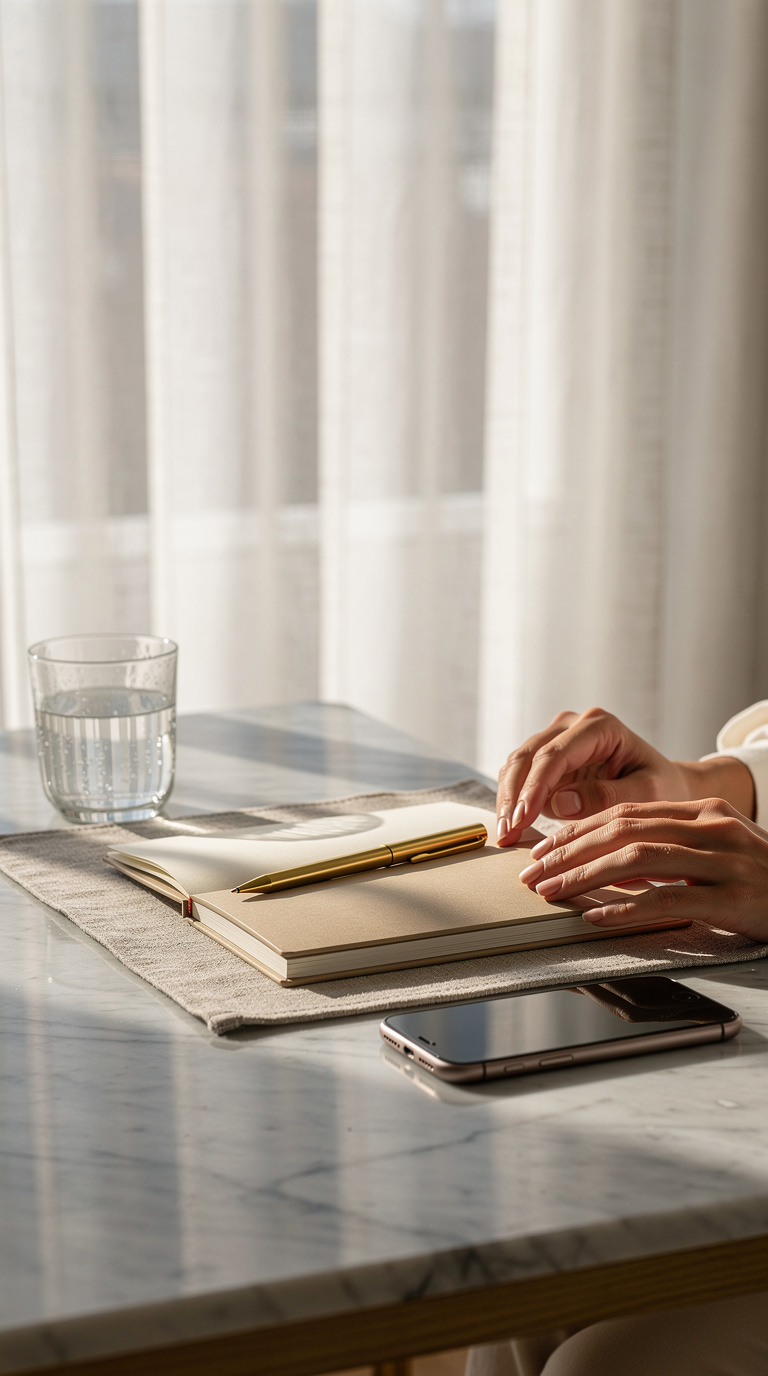 A sleek gold pen rests on an open notebook placed on a marble table