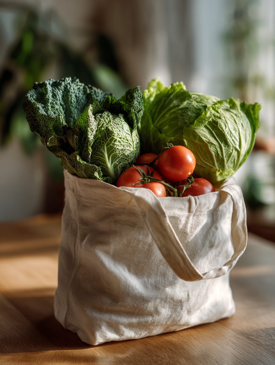Sacola de tecido bege repleta de vegetais frescos com folhas verdes de repolho e alface, além de tomates vermelhos vibrantes, em mesa de madeira clara sob luz suave.