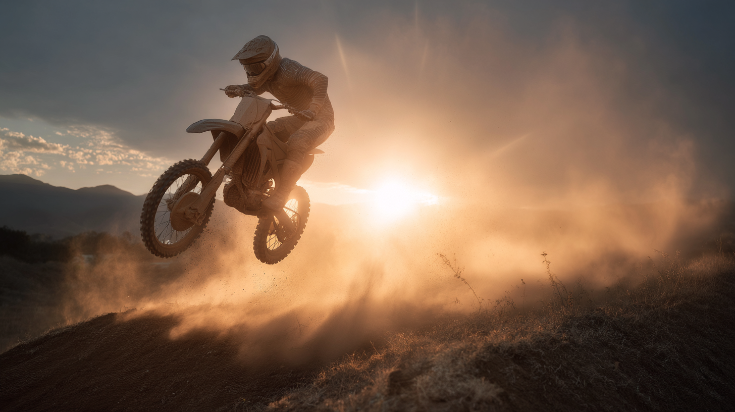 A imagem apresenta um motociclista em uma moto de motocross saltando sobre uma elevação, envolto em poeira e luz dourada ao entardecer. A paleta de cores é predominantemente quente, com tons de laranja e dourado, contrastando com o céu azul escuro e montanhas ao fundo.