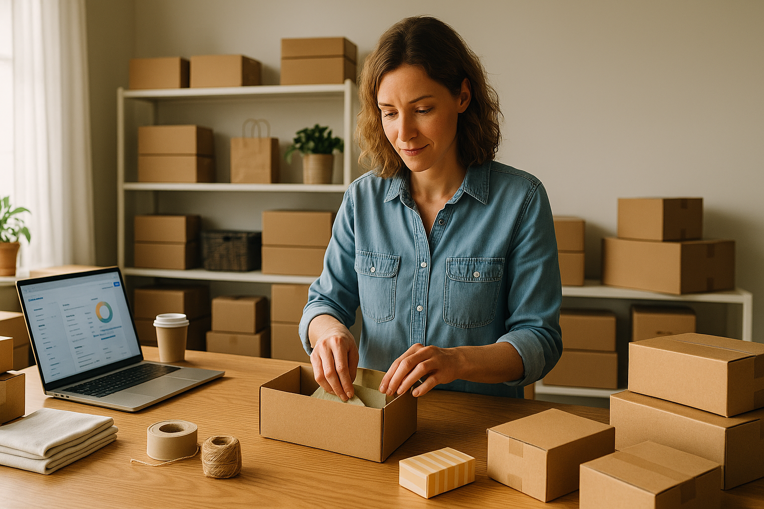 A imagem apresenta uma mulher em um ambiente de trabalho organizado, envolvida na tarefa de embalar itens. O cenário é dominado por caixas de papelão em tons marrons, criando uma atmosfera neutra e acolhedora. A mulher está vestindo uma camisa jeans clara e parece concentrada em seu trabalho, enquanto um laptop exibe gráficos e dados ao seu lado. Elementos como um copo de café e rolos de fita adesiva estão visíveis sobre a mesa de madeira, adicionando à sensação de um espaço de trabalho ativo.