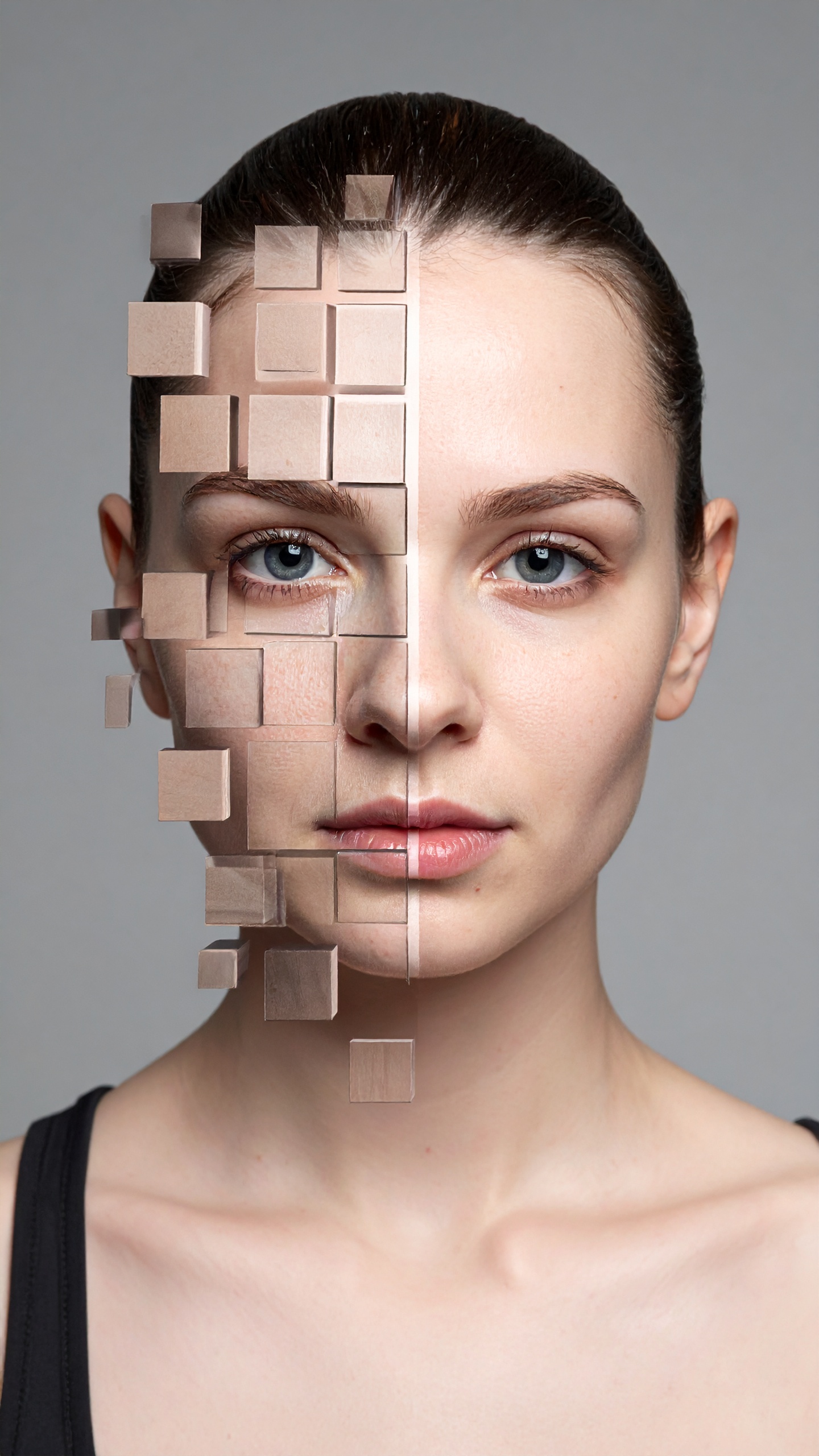 A woman's face is artistically divided into digital squares, symbolizing modern beauty technology