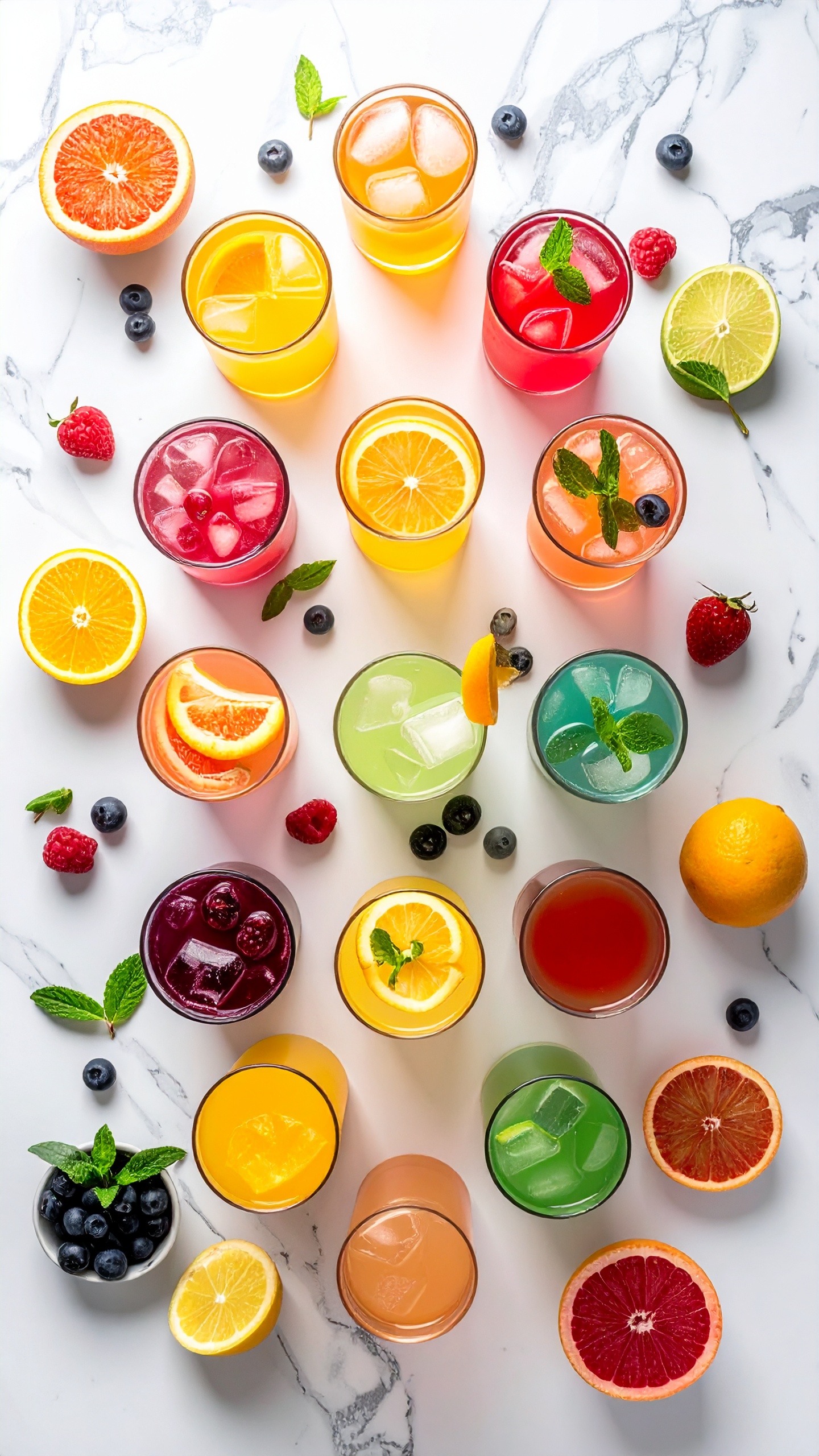 Vibrant glasses of fruit-infused drinks arranged on marble