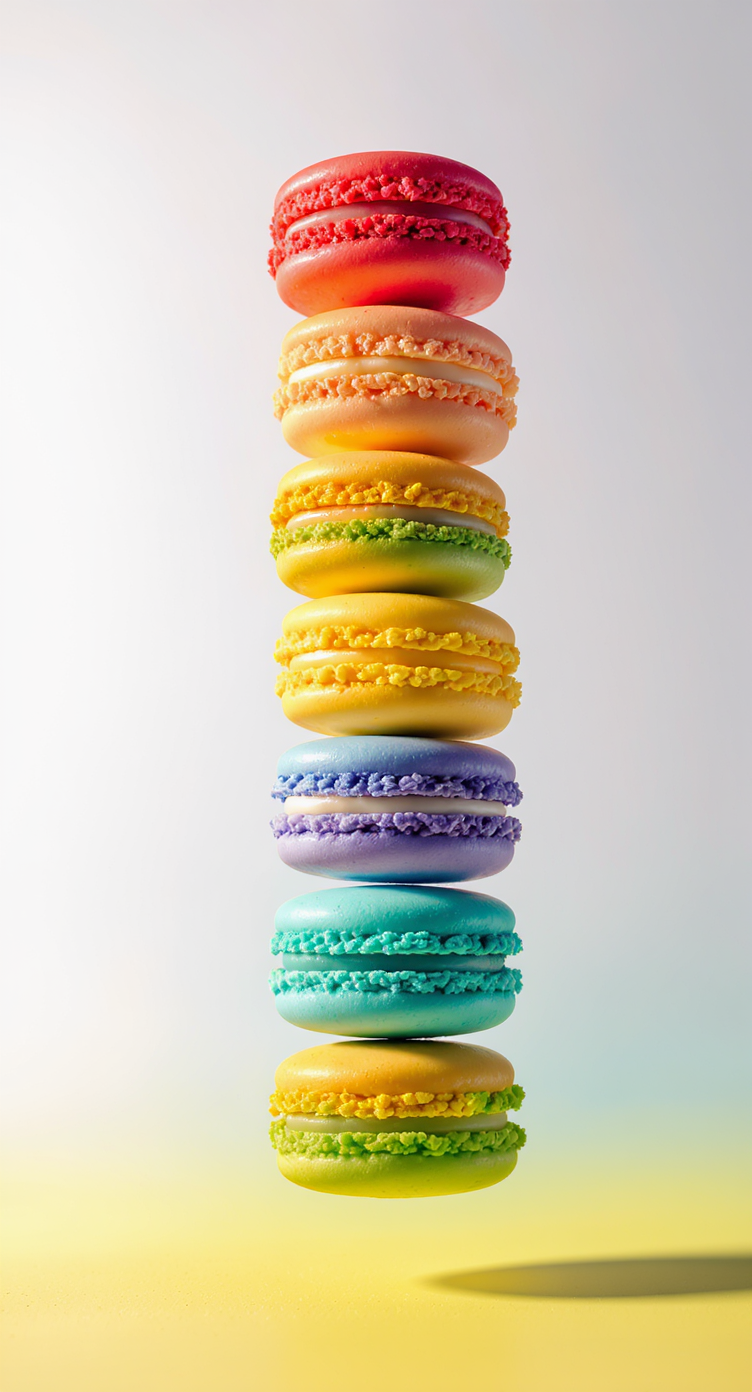 A vibrant stack of colorful macarons stands tall against a soft gradient background