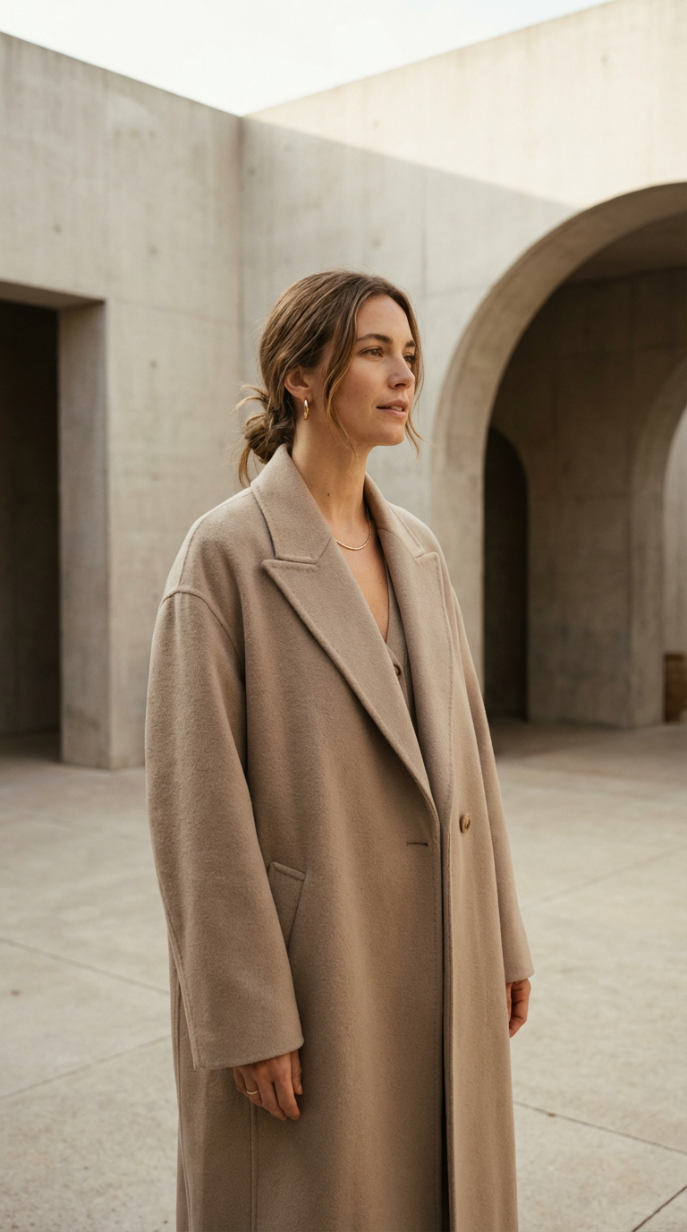 A woman is elegantly dressed in a stylish beige overcoat, standing against a backdrop of