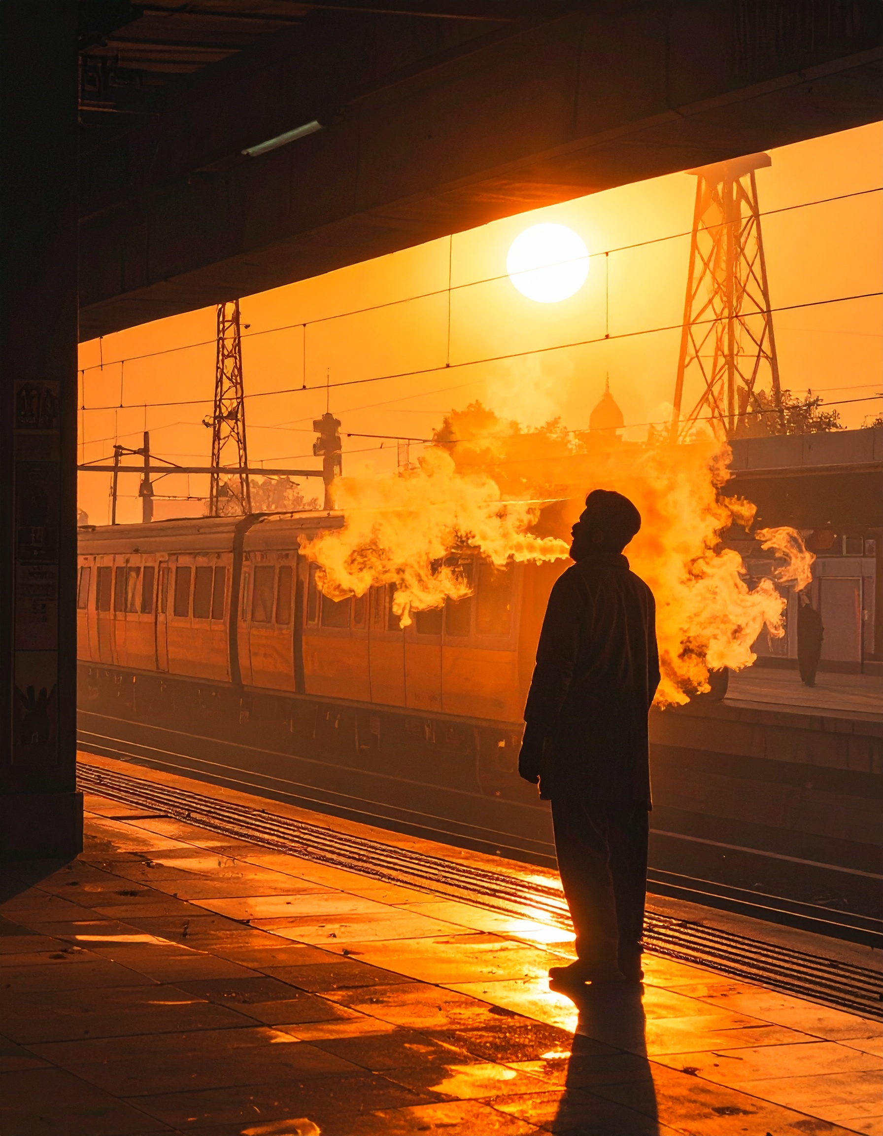 Sunset glow envelops a train station platform, creating a dramatic scene