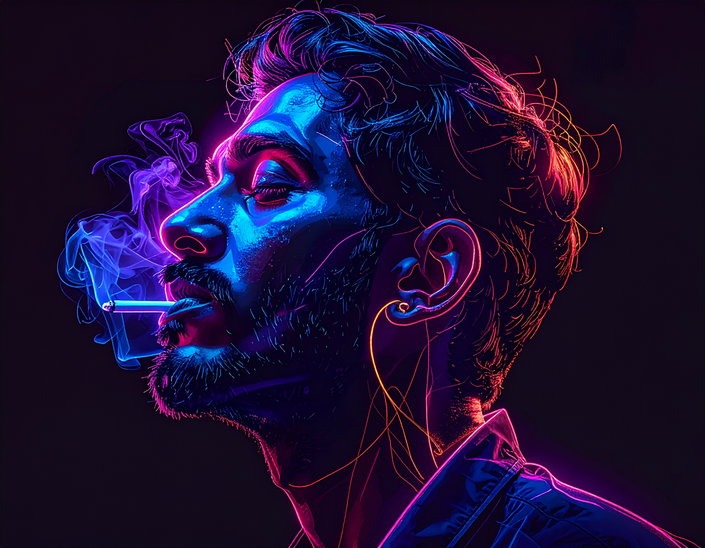 A vibrant neon portrait of a man smoking in profile view