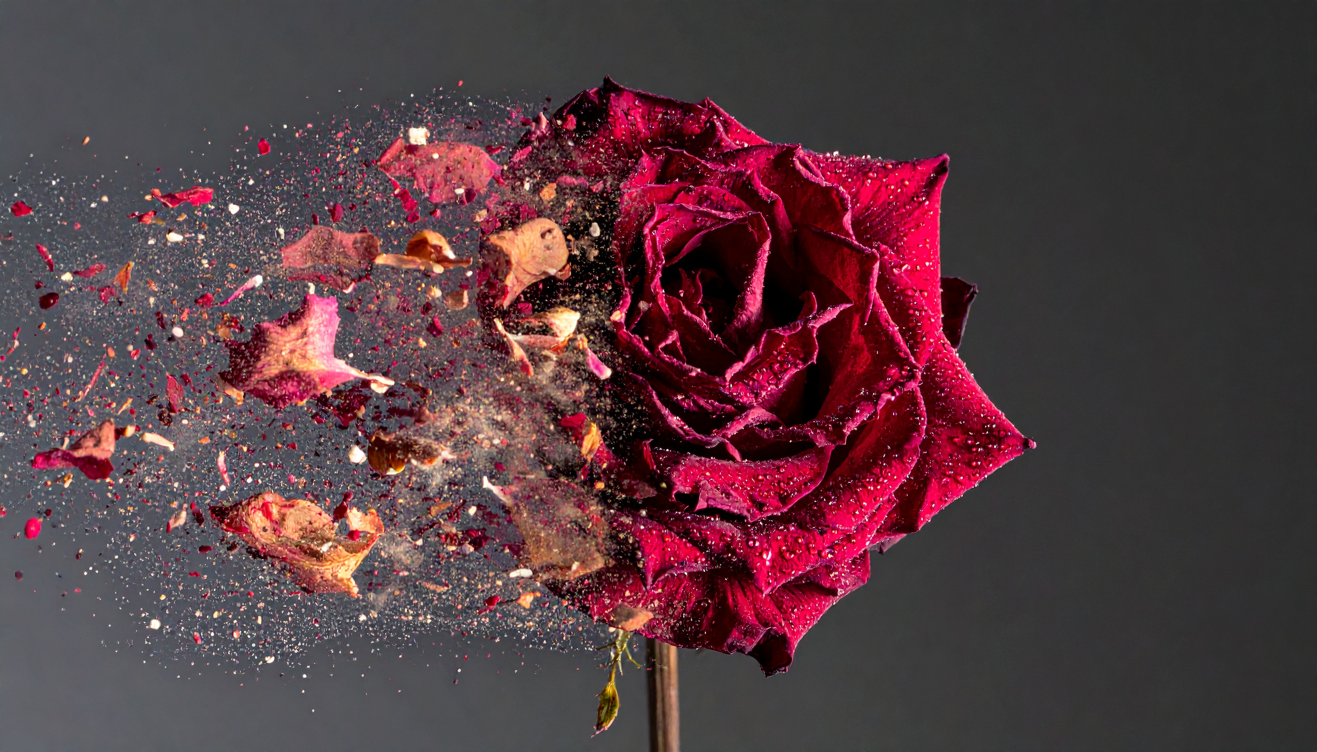 A red rose dramatically disintegrates into petals against a dark background