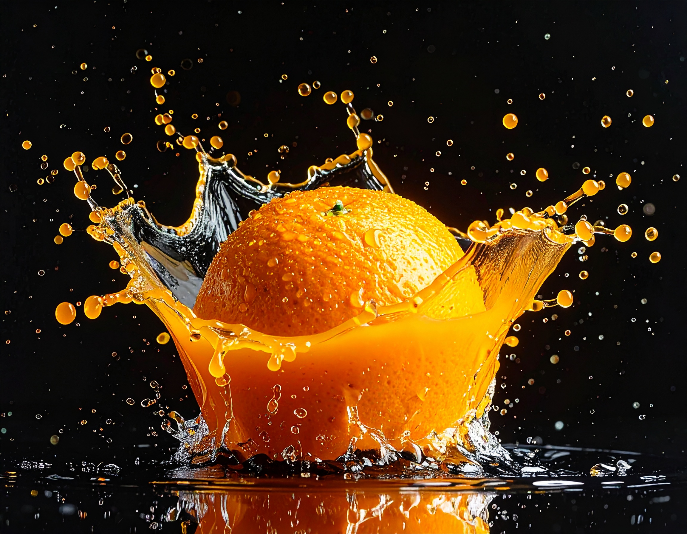 A vibrant orange splashes into a pool of juice against a dark background