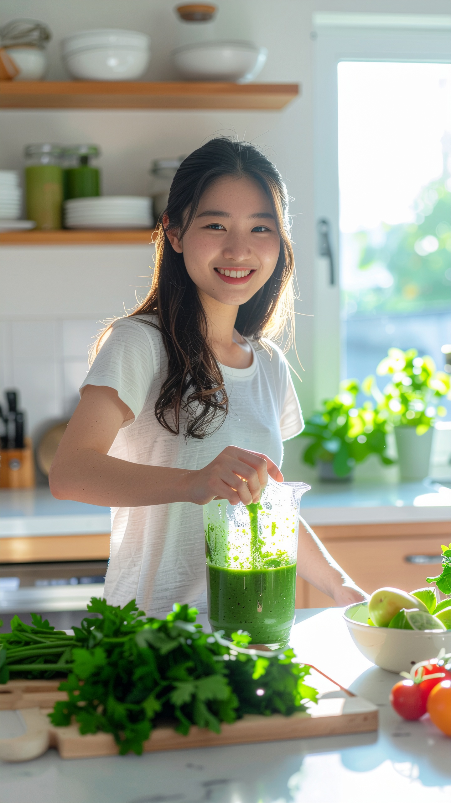 Mulher sorridente em uma cozinha iluminada naturalmente, misturando um suco verde em um liquidificador de vidro, rodeada por vegetais frescos como maçãs, tomates e ervas, transmitindo uma atmosfera saudável e vibrante. A composição equilibrada e o foco nítido destacam a vitalidade dos ingredientes e a alegria da cena.