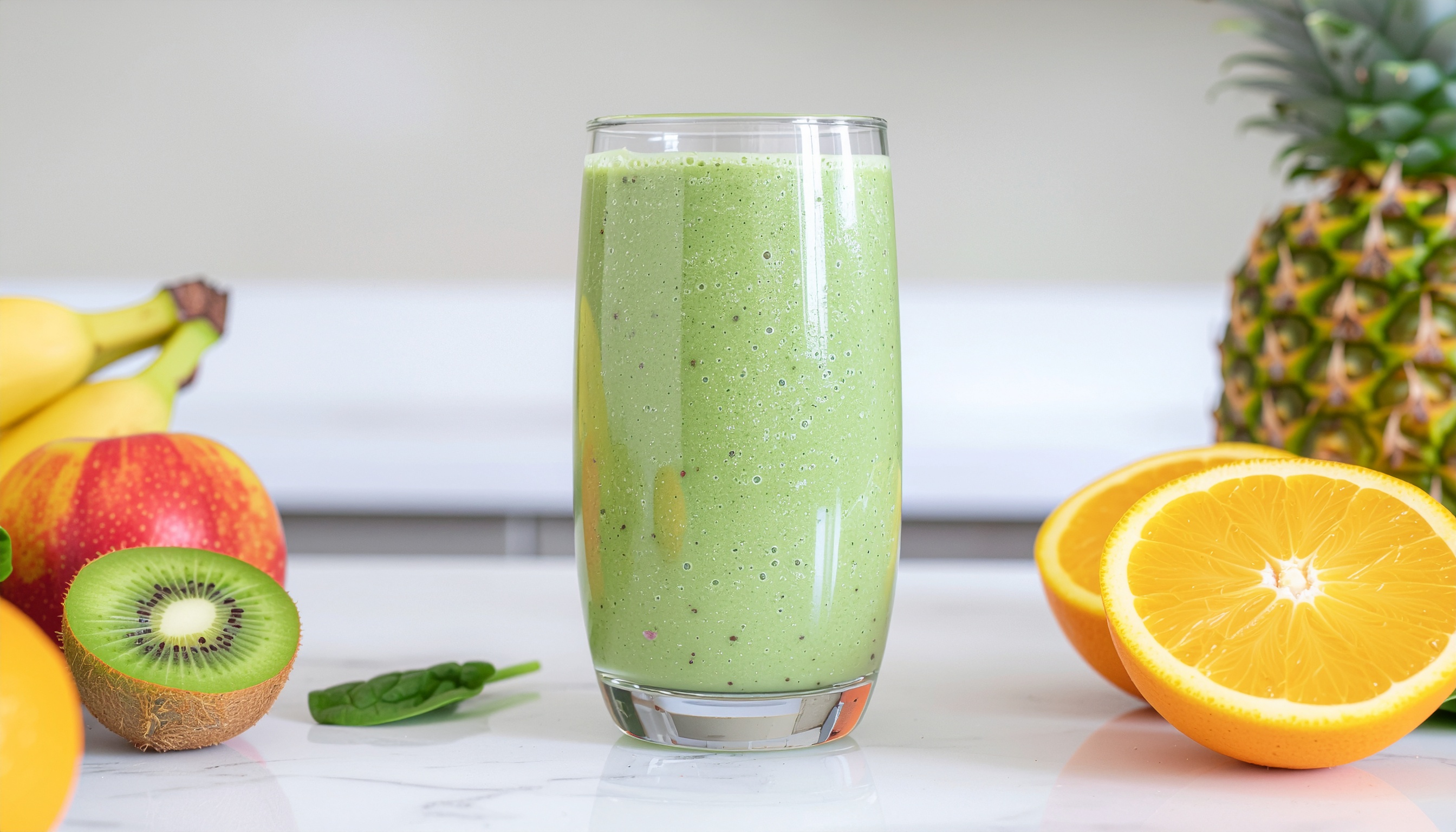 Um copo transparente cheio de smoothie verde está cercado por frutas frescas como abacaxi, laranja, maçã, banana e kiwi em um ambiente de cozinha bem iluminado. O fundo neutro destaca a vivacidade das cores das frutas e do smoothie, compondo uma cena refrescante e saudável, com foco nítido e iluminação suave.