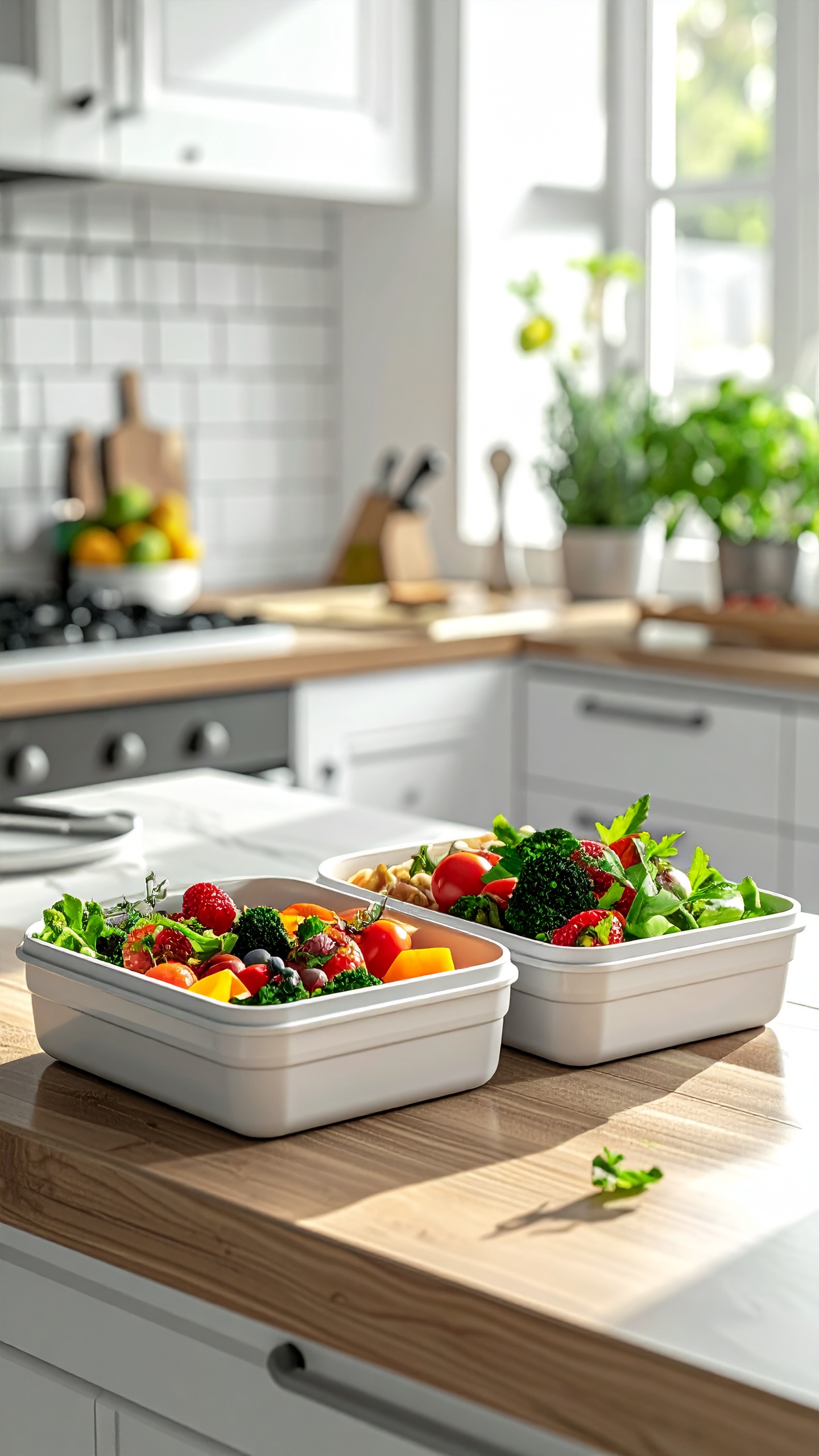 Two white storage containers filled with fresh, colorful vegetables sit on a wooden countertop