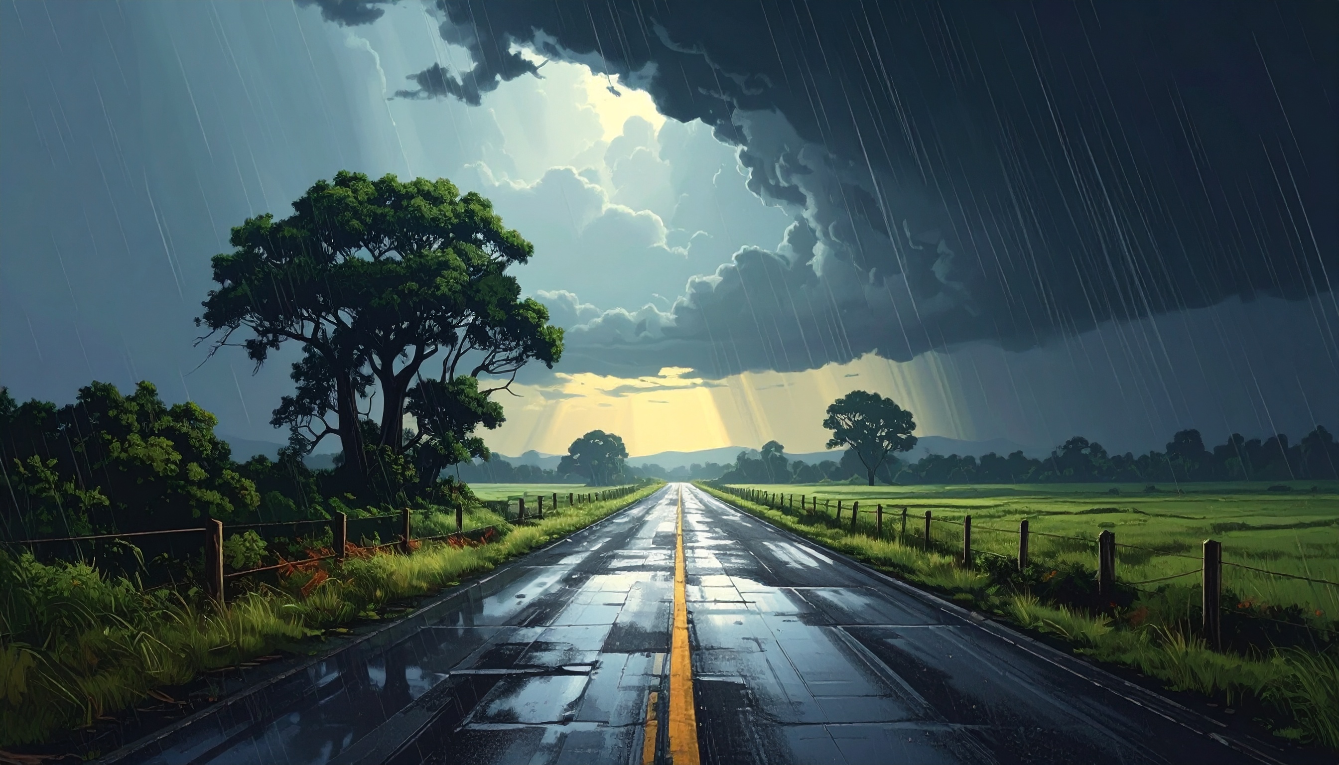 A dramatic rural road stretches into the distance, framed by lush greenery and ominous storm clouds