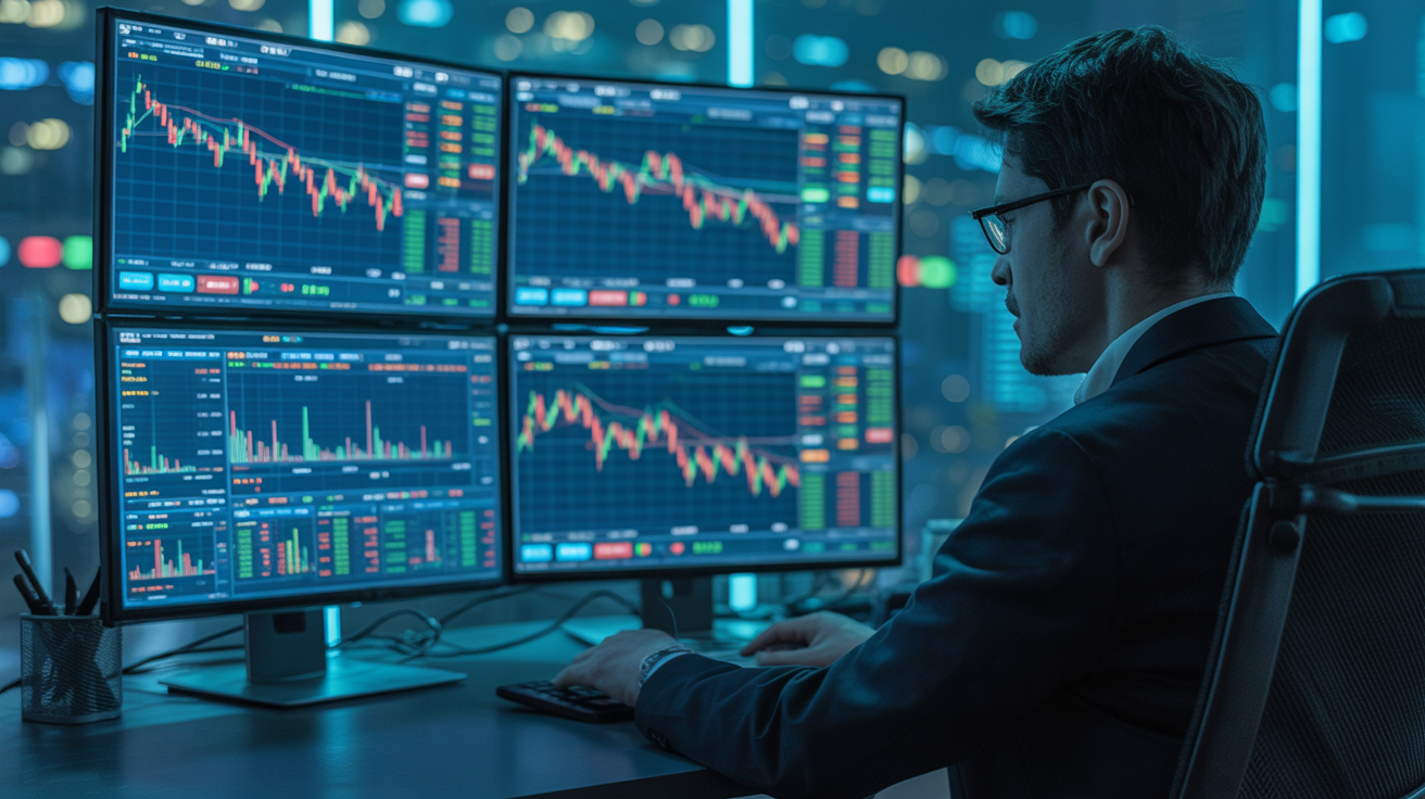 Homem em escritório moderno observa atentamente gráficos financeiros em múltiplos monitores, transmitindo foco e análise. Ambiente tecnológico e corporativo, perfeito para conceitos de mercado financeiro e investimentos.