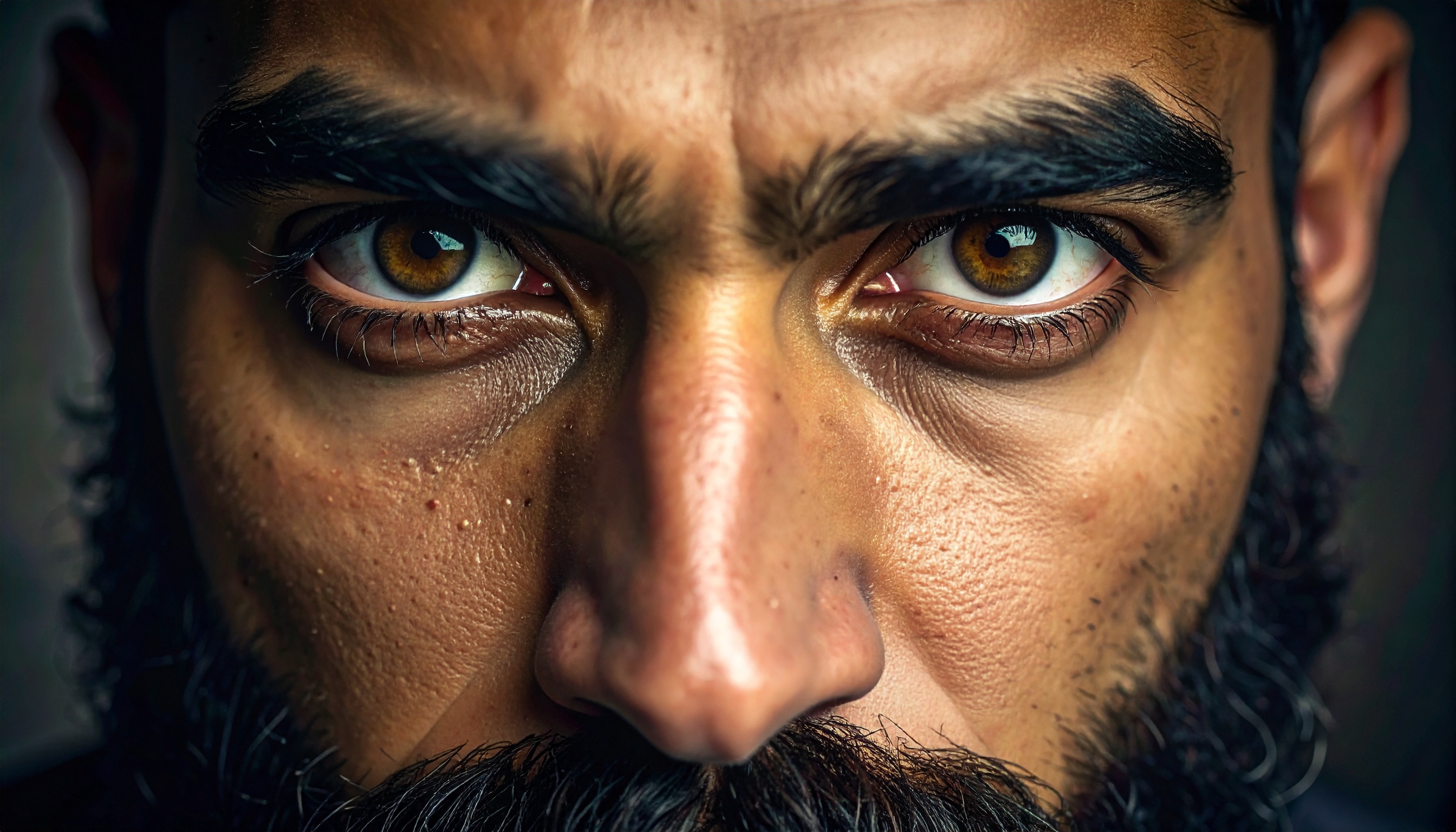 A close-up portrait captures intense brown eyes and a focused expression