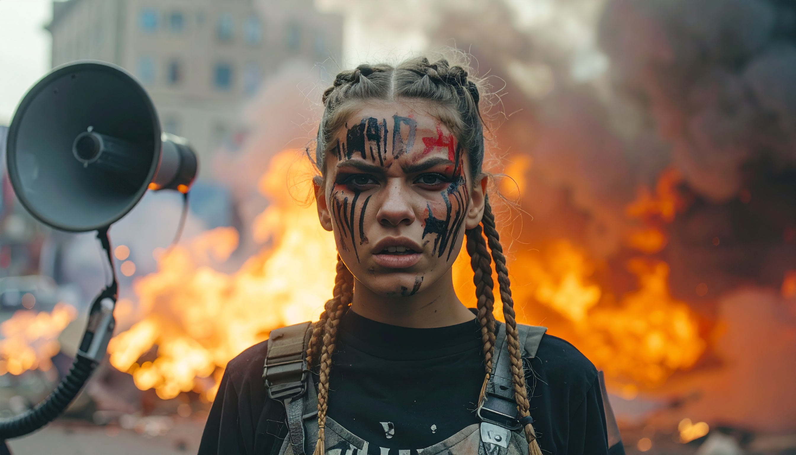 A young woman with braided hair and face paint stands confidently amidst a chaotic urban scene