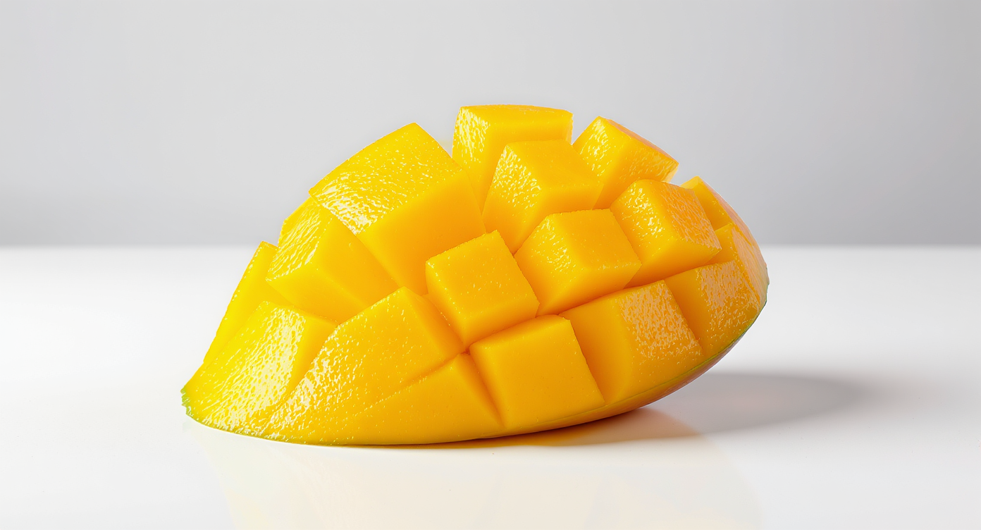 Manga cortada em cubos sobre superfície branca, exibindo sua cor vibrante e textura suculenta. Ideal para preparo de sobremesas, sucos e saladas tropicais. Os cubos estão perfeitamente cortados, evidenciando a qualidade e frescor da fruta. Perfeita para uso em climas quentes ou eventos tropicais. A manga é uma excelente fonte de vitaminas e adiciona um toque exótico a qualquer prato.