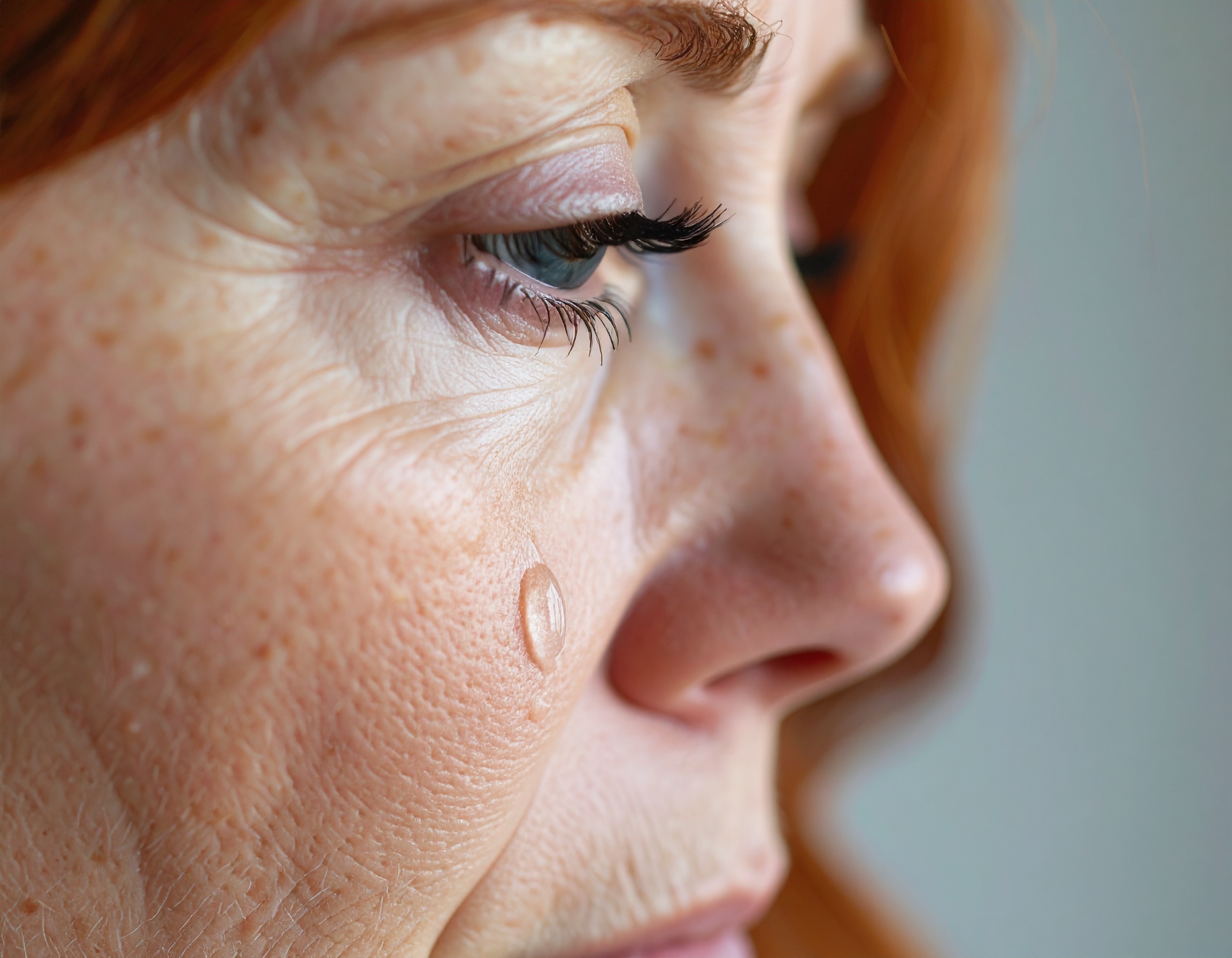 Close-up of a mature woman's face with a tear on her cheek