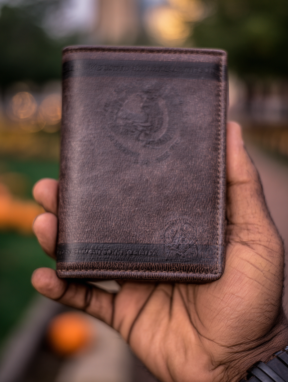 Mão segurando carteira de couro marrom com detalhe de relevo, foco nítido na textura do material, fundo desfocado com bokeh suave, iluminação natural destacando o produto, composição centralizada e minimalista.
