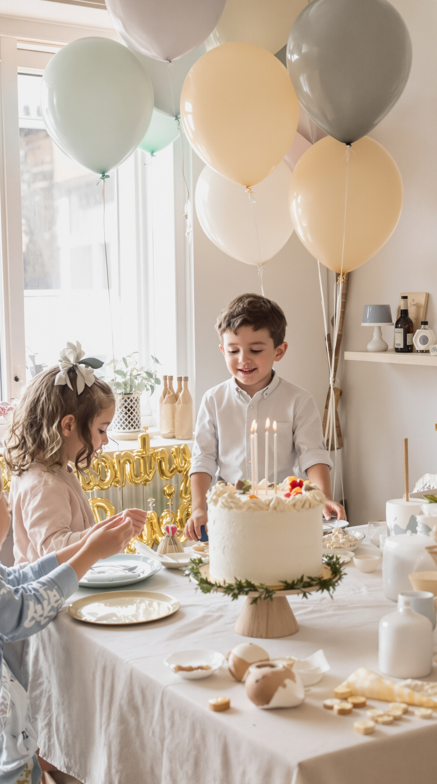 A children's birthday party table with a cake centerpiece