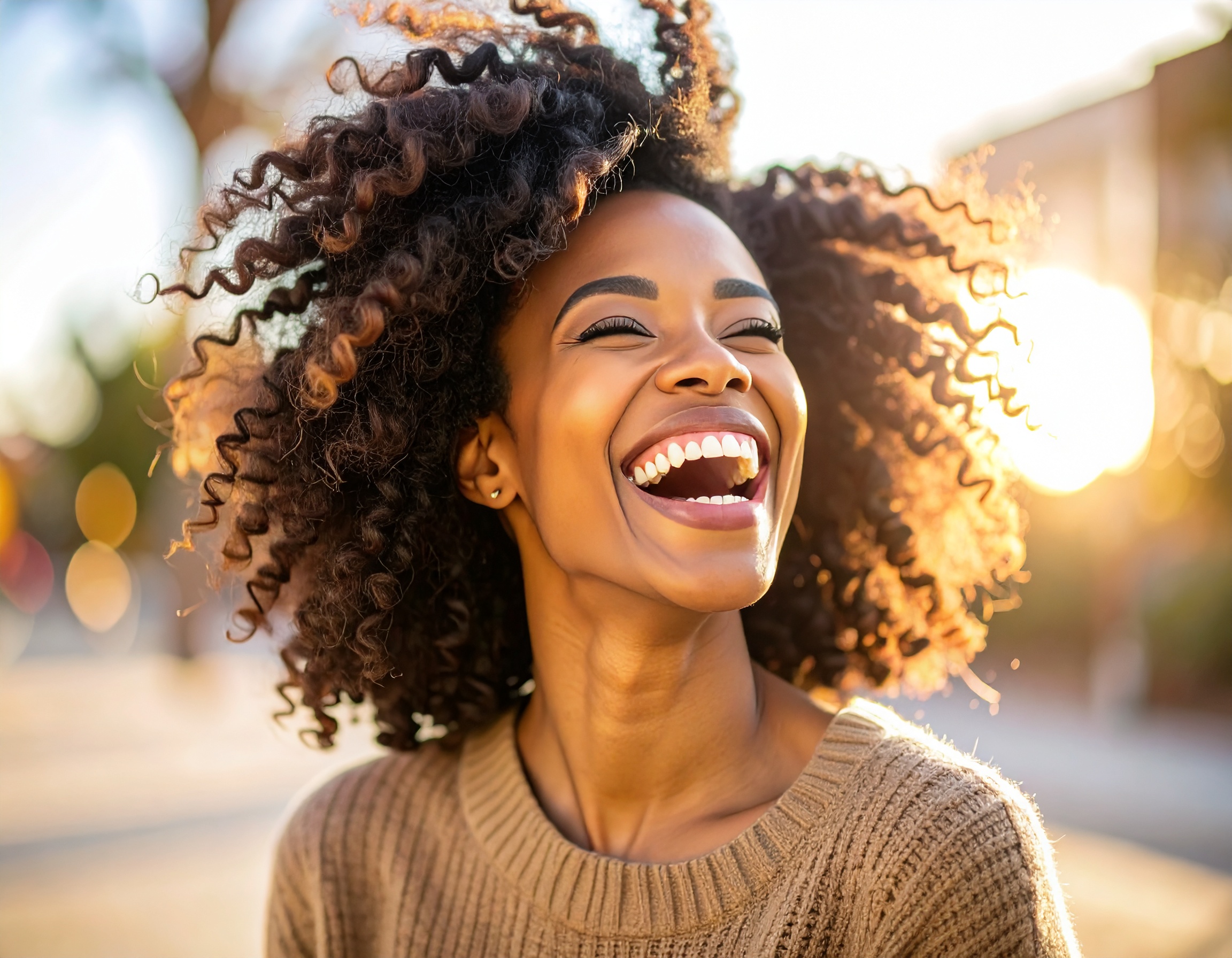 A woman with curly hair beams with joy in a sunlit setting