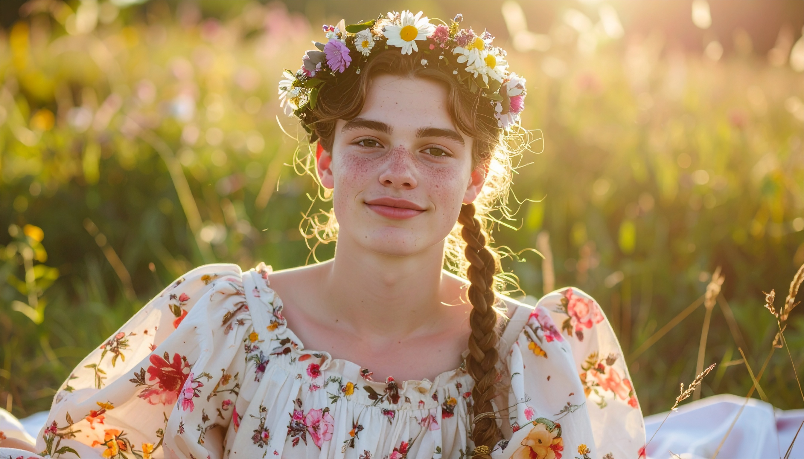 Jovem com coroa de flores em campo florido iluminado pelo sol. A cena transmite uma sensação de tranquilidade e conexão com a natureza, ideal para destacar produtos de moda ou beleza com estilo boho. O vestido floral e a coroa de flores realçam um visual natural e delicado. Perfeito para campanhas ao ar livre na primavera ou verão. A luz do entardecer adiciona um toque de romantismo e suavidade à imagem.
