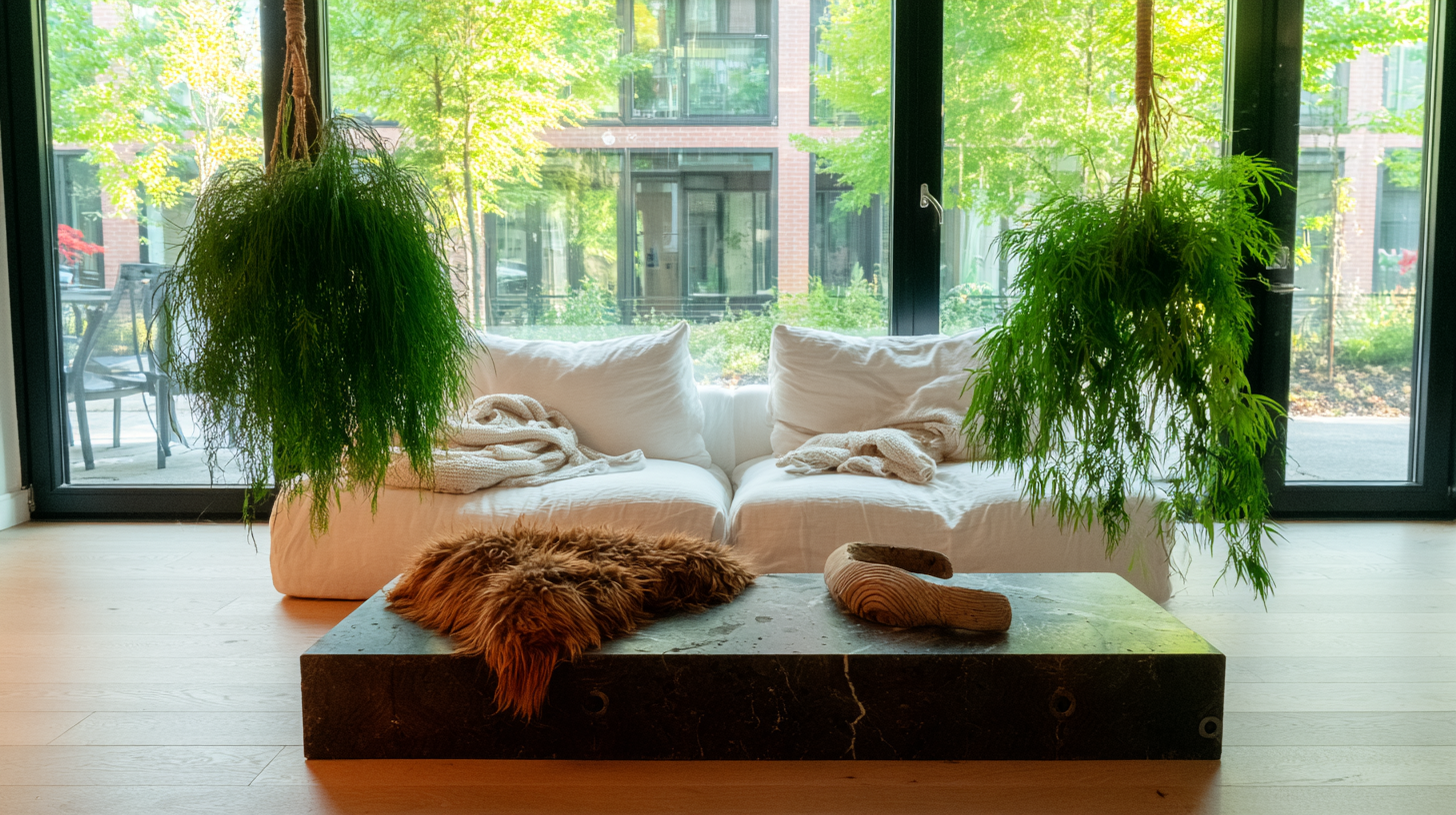 Sala de estar iluminada por luz natural com um sofá branco aconchegante, duas plantas pendentes exuberantes e uma mesa de centro escura com textura de mármore. Ao fundo, janelas amplas revelam uma vista de árvores verdes e uma fachada de edifício moderno. A combinação de texturas suaves e detalhes naturais cria uma atmosfera relaxante e acolhedora, enquanto a iluminação suave realça as cores e a profundidade do espaço.