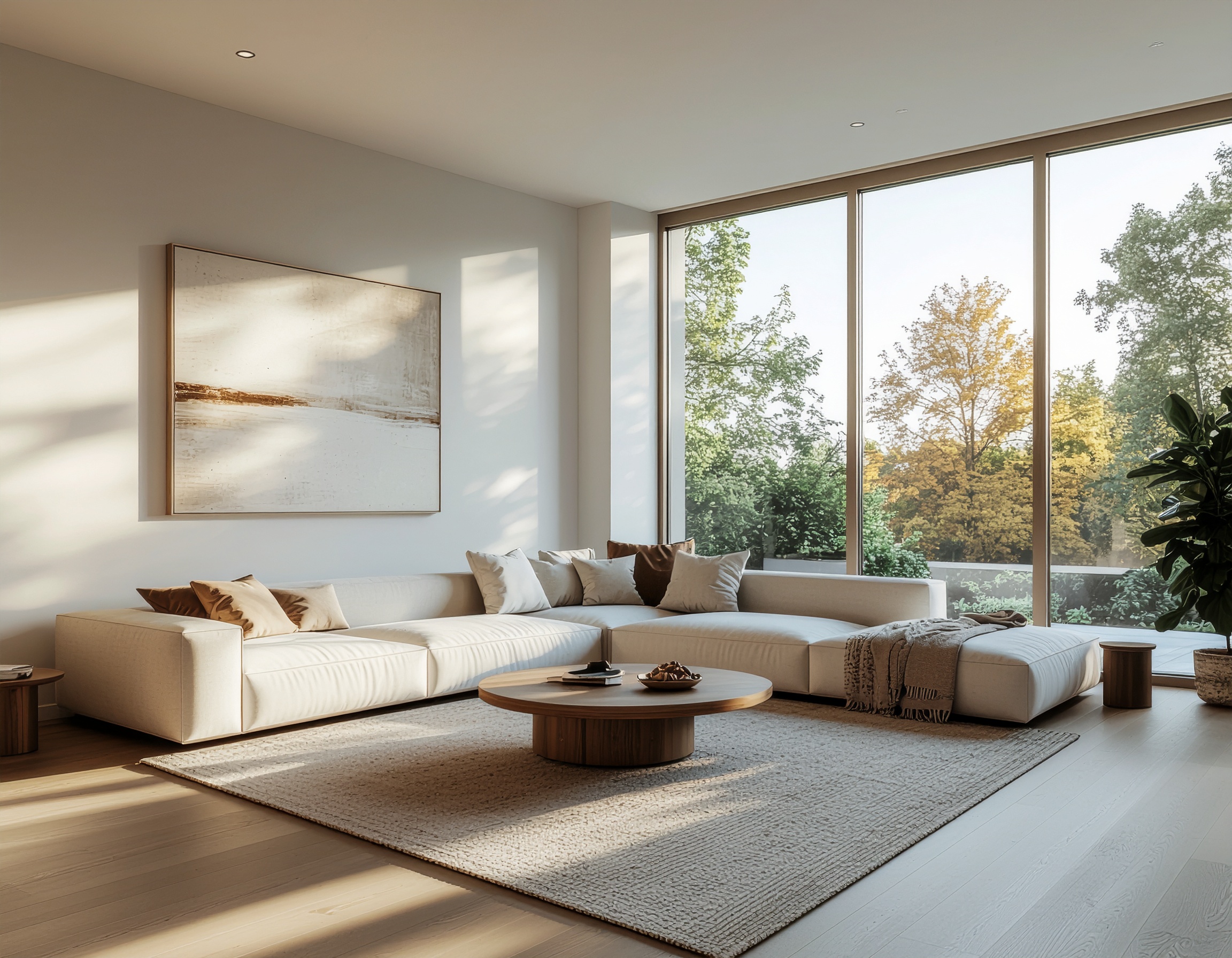 Elegant living room with large windows and a minimalist design
