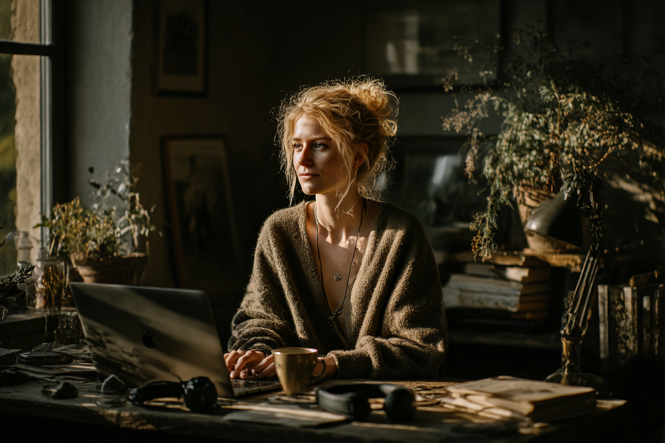 Mulher sentada em uma mesa de trabalho, usando um laptop Apple, rodeada por plantas e livros em um ambiente iluminado pela luz natural. Ela veste um suéter confortável e segura uma caneca enquanto observa a tela, criando uma atmosfera de trabalho criativo e relaxante.