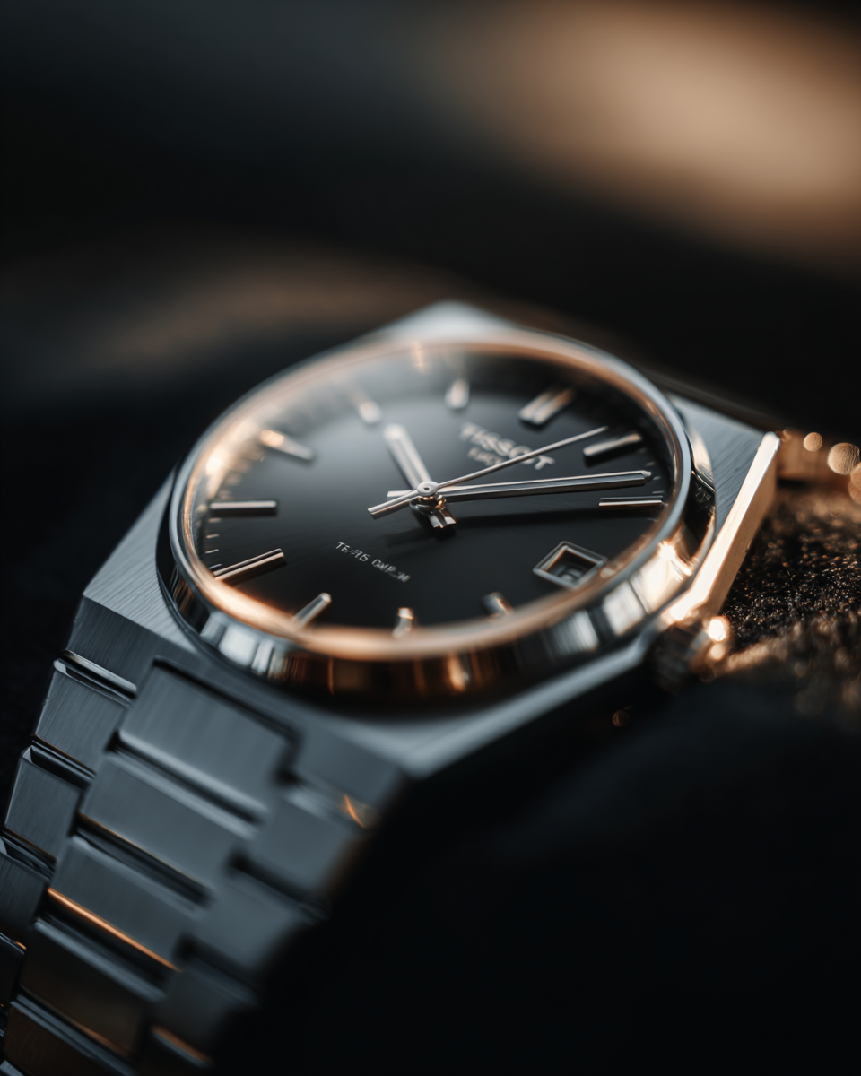 Relógio de pulso masculino com mostrador preto e pulseira de aço inoxidável em foco, iluminado por luz suave.