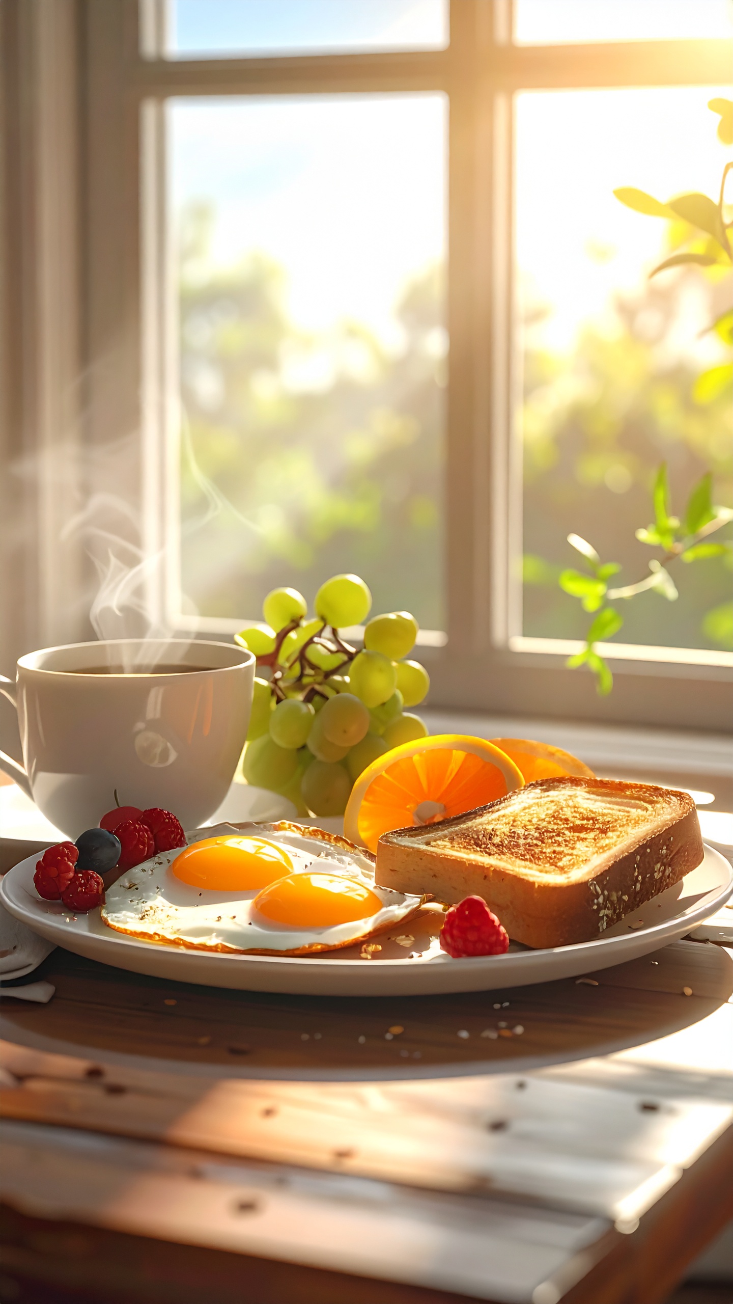 A delicious breakfast spread featuring sunny-side-up eggs and toast is set by a bright window