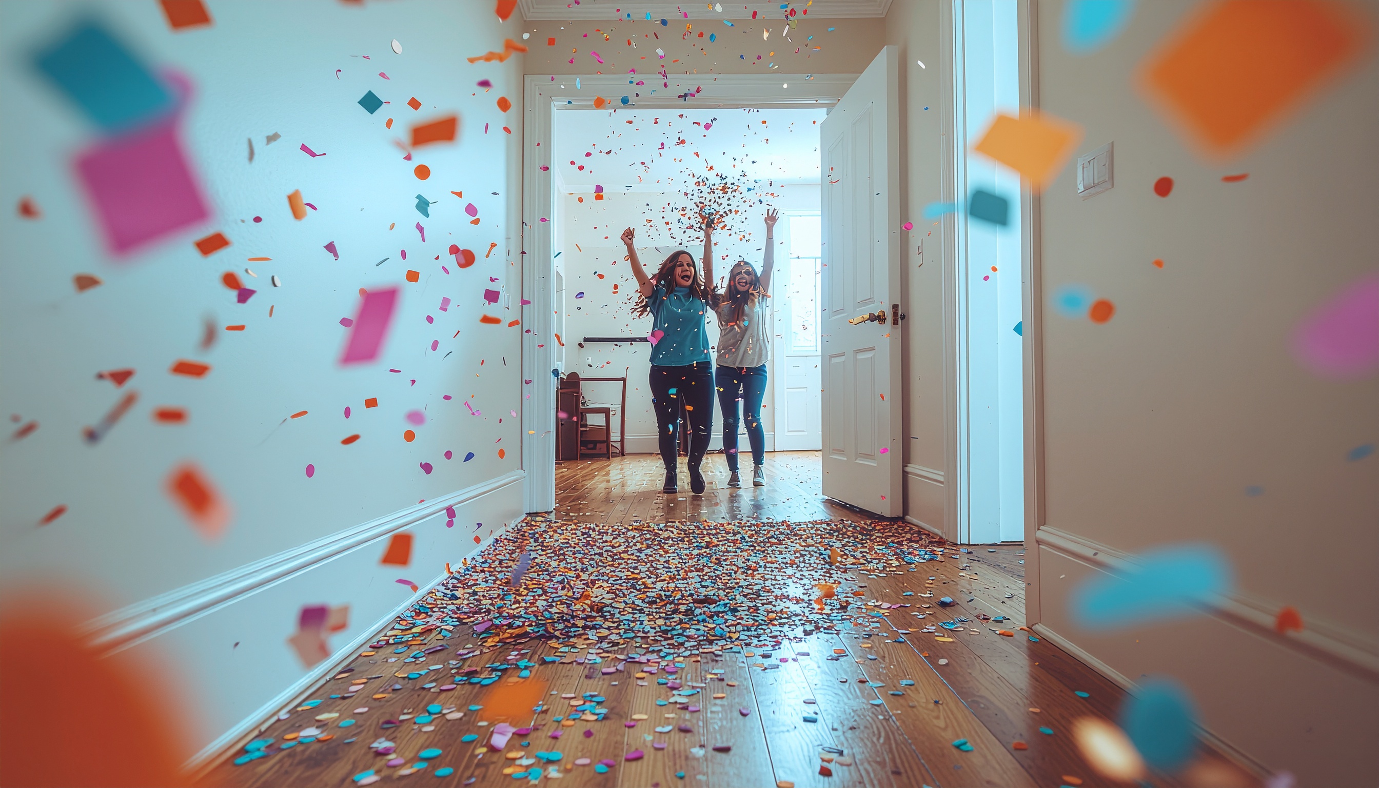 Two People Celebrate in a Bright Corridor with Colorful Confetti