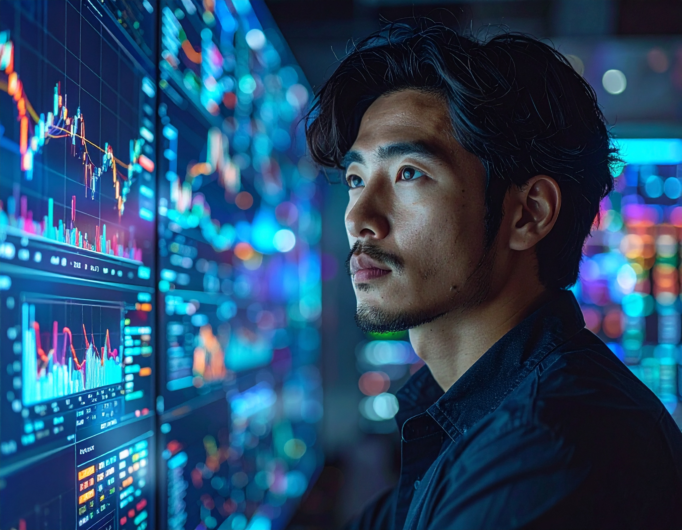 Focused Man Analyzing Financial Data on Multiple Screens